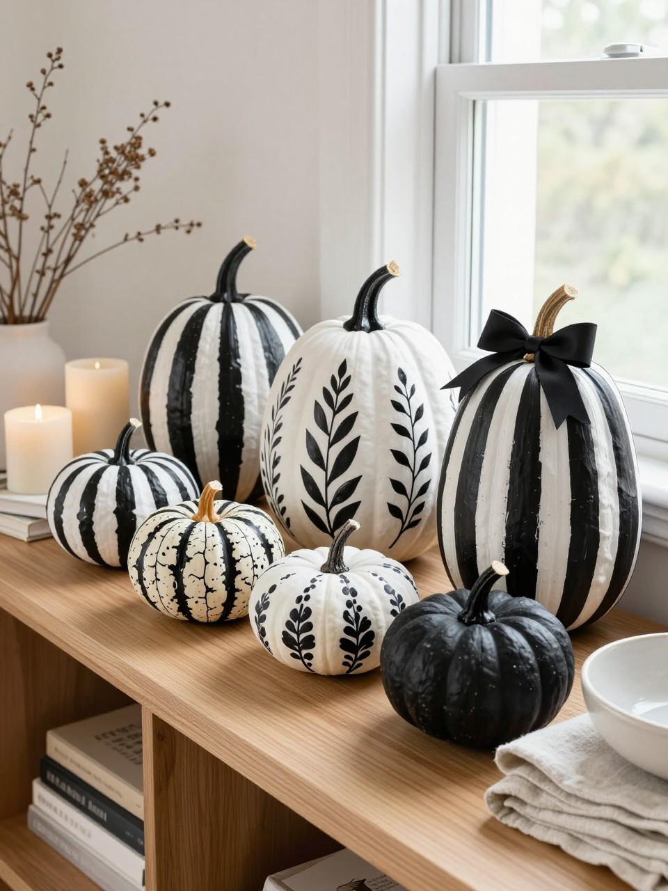 Horizontal 16:9 natural iPhone photograph of six real and faux pumpkins in different sizes painted in a coordinated black-and-white collection, featuring stripes, checkerboard, bows, botanical silhouettes, marble veins, and solid matte finishes, arranged on a long light wood console with cream candles, neutral books, dried branches, folded linen, and a ceramic bowl, soft afternoon window light, authentic lived-in styling, visible handmade differences, no text.