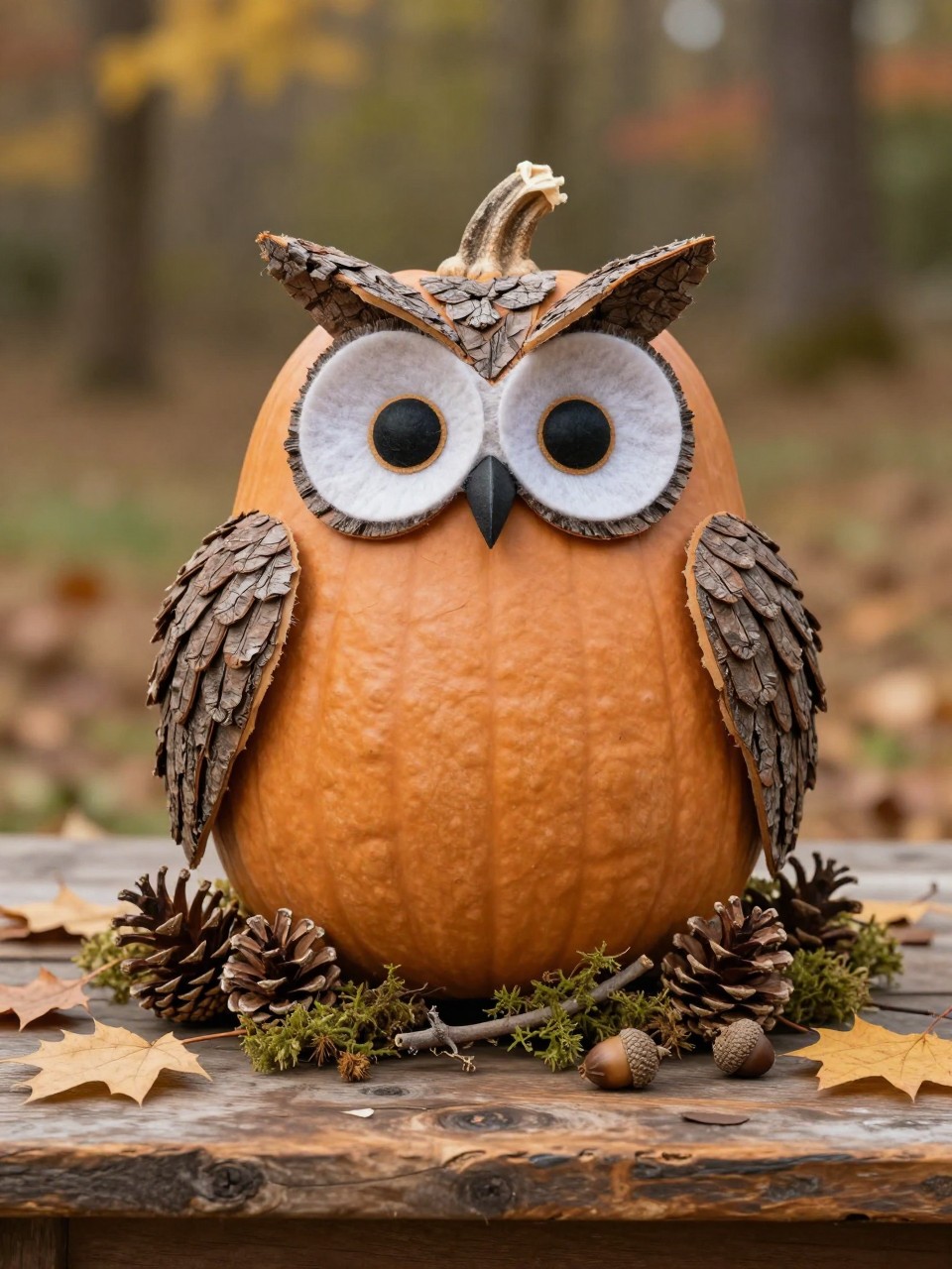 Image Prompt: A realistic DSLR photo of a tan pumpkin decorated as a woodland owl using small pinecone scales as feather details, with large felt eyes, bark-textured paper wings, a tiny beak, moss around the base, acorns, twigs, and dried leaves, styled on a rustic wooden table with soft outdoor fall light, natural handmade autumn craft display.