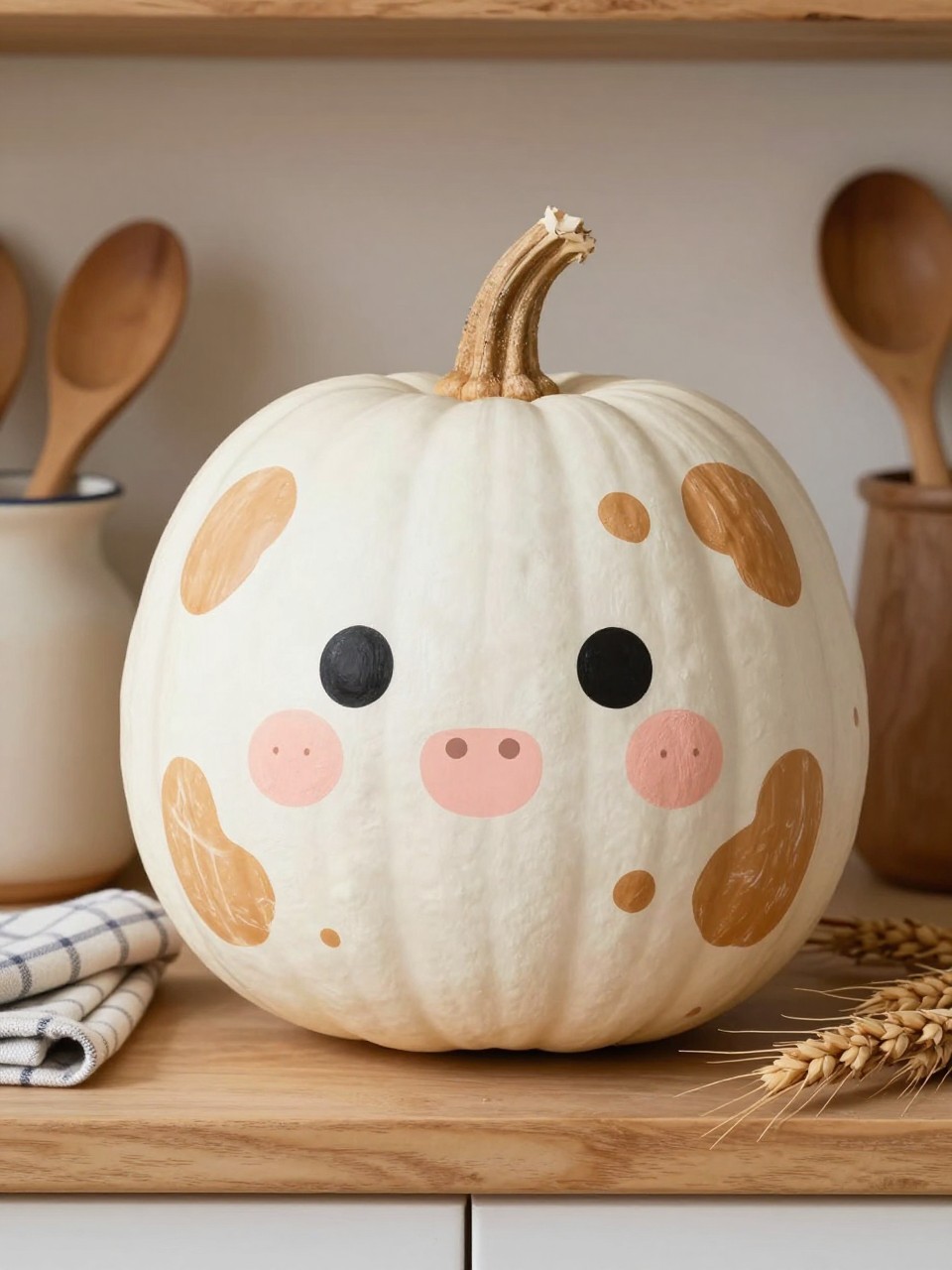 Horizontal 16:9 realistic iPhone photo of a round real pumpkin painted warm white with irregular soft-brown cow spots, gentle black eyes, a pale pink oval muzzle, two small nostrils, and tiny painted ears near the top, natural brown stem, displayed on a farmhouse kitchen shelf beside ceramic crocks, wooden spoons, folded checked cloth, and dried wheat, soft daylight, cute realistic handmade finish, no text.