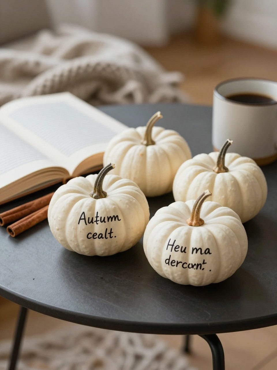 Image Prompt: A realistic DSLR photo of small white pumpkins with short handwritten fall quotes in black ink, placed on a cozy coffee table with an open book, cinnamon sticks, a knitted throw blanket, and a warm mug, soft morning light, calm autumn lifestyle photography.