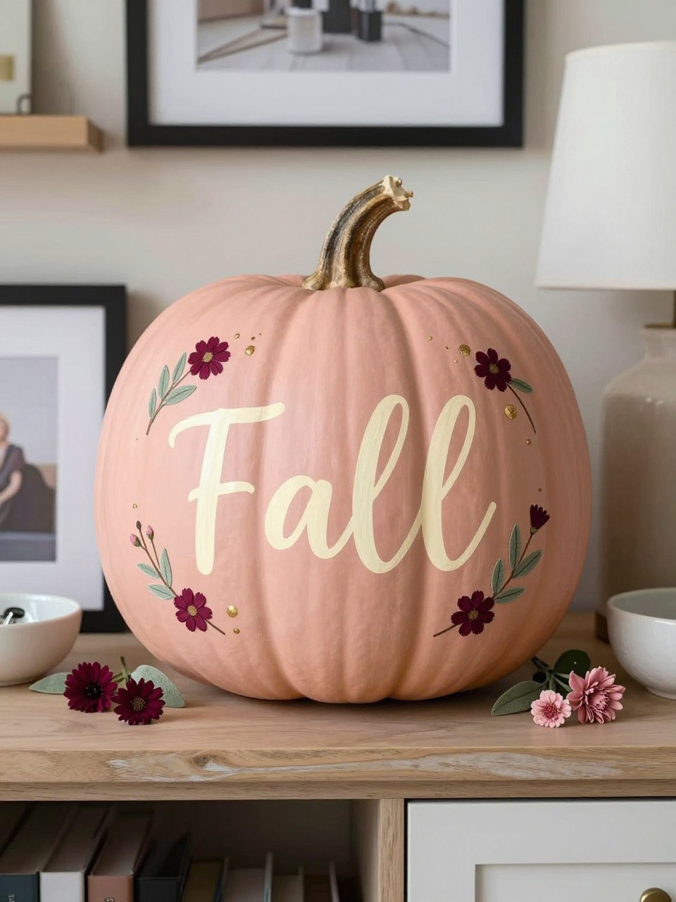 Horizontal 16:9 realistic iPhone photograph of a large matte blush faux pumpkin with a short hand-painted first name in warm-cream lettering centered on the front, surrounded by tiny burgundy flowers, dusty-pink buds, sage leaves, and soft-gold dots, displayed on an entryway console beside framed photos, a ceramic lamp, key bowl, and dried flowers, soft afternoon daylight, believable hand lettering, no extra random words.
