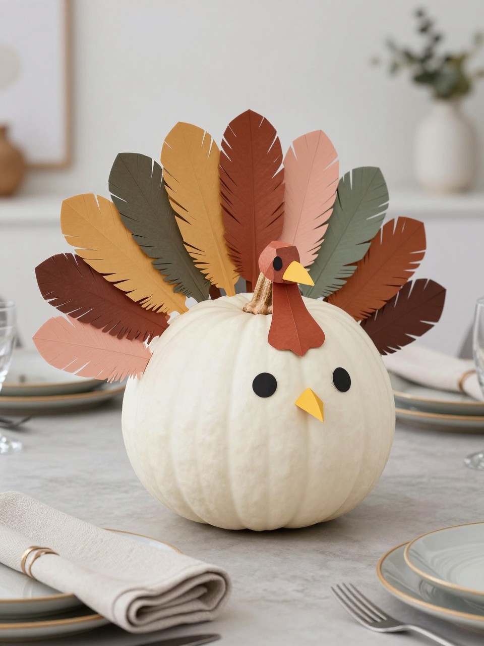 Image Prompt: A realistic DSLR photo of a white pumpkin decorated as a modern turkey, with color-block paper feathers in terracotta, sage, mustard, clay pink, cream, and chocolate brown, simple black painted eyes, tiny beak, clean geometric feather shapes, displayed on a modern dining table with linen napkins and ceramic plates, stylish contemporary Thanksgiving craft.