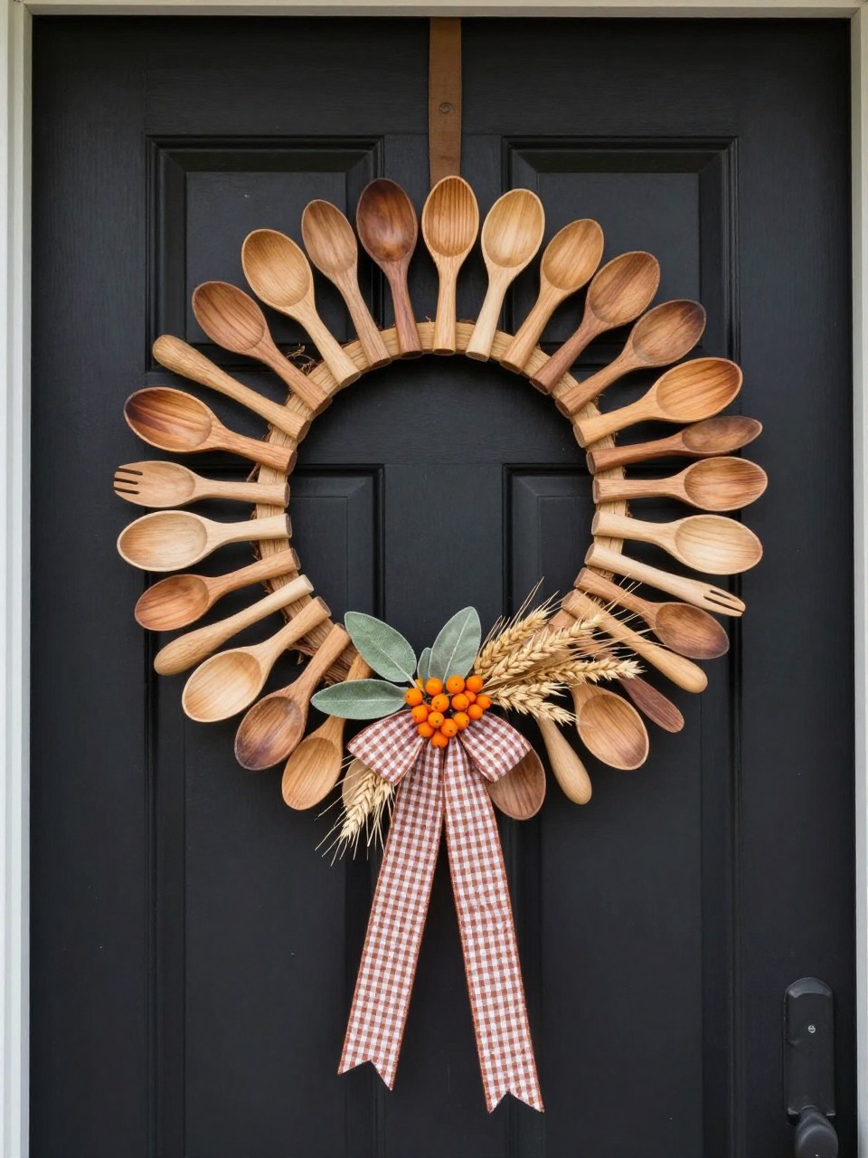 Image prompt: A creative farmhouse fall wreath hanging on a soft black kitchen-style exterior door, made from small natural wooden spoons arranged in an even circular sunburst around a flat wooden ring, spoon handles pointing inward and bowls facing outward, decorated at the bottom with a small bundle of sage leaves, dried wheat-colored grass, mini orange berries, and a rust gingham ribbon, realistic wood grain and handmade spacing, covered porch setting, soft morning light, DSLR photography, no people, vertical composition.