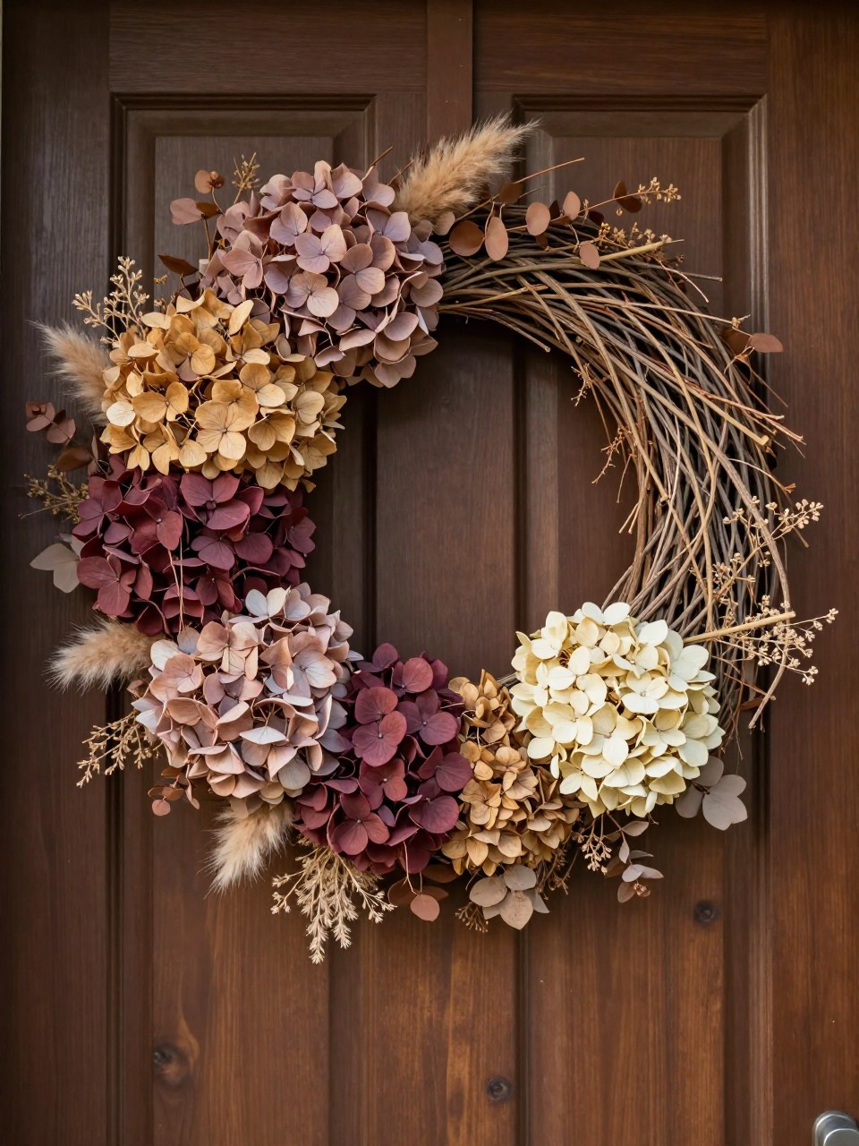 Image prompt: A soft elegant fall wreath displayed on a dark walnut front door, created on a natural vine base with dried-look hydrangea clusters in muted mauve, faded burgundy, dusty tan, and antique cream, mixed with short pampas plumes, brown eucalyptus, and delicate beige seed sprays, arranged in a full asymmetrical crescent, no large ribbon, realistic dried petal texture and slight imperfections, soft golden autumn light, DSLR home decor photography, shallow depth of field, no people, vertical image.