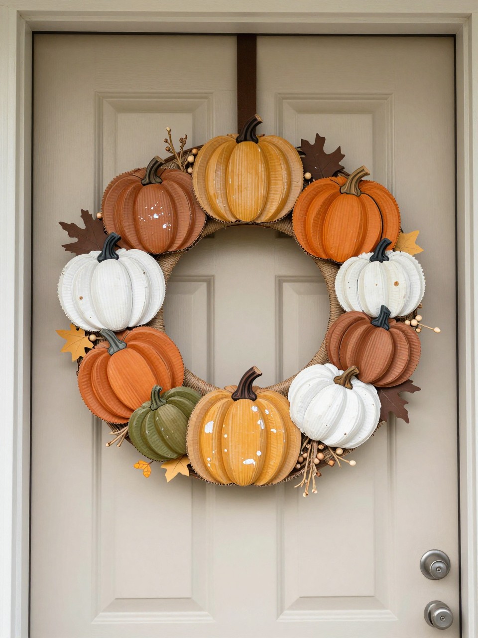 Image prompt: A creative budget-friendly fall wreath displayed on a muted cream front door, made from layered corrugated cardboard pumpkins in different sizes, hand-painted in soft terracotta, warm white, mustard, olive, and brown, arranged around a flat circular base with visible dimensional edges, mixed with jute-wrapped stems, small paper vines, and tiny wooden beads, realistic brush texture and handmade imperfections, sheltered apartment doorway, soft daylight, DSLR craft photography, no people, vertical composition.