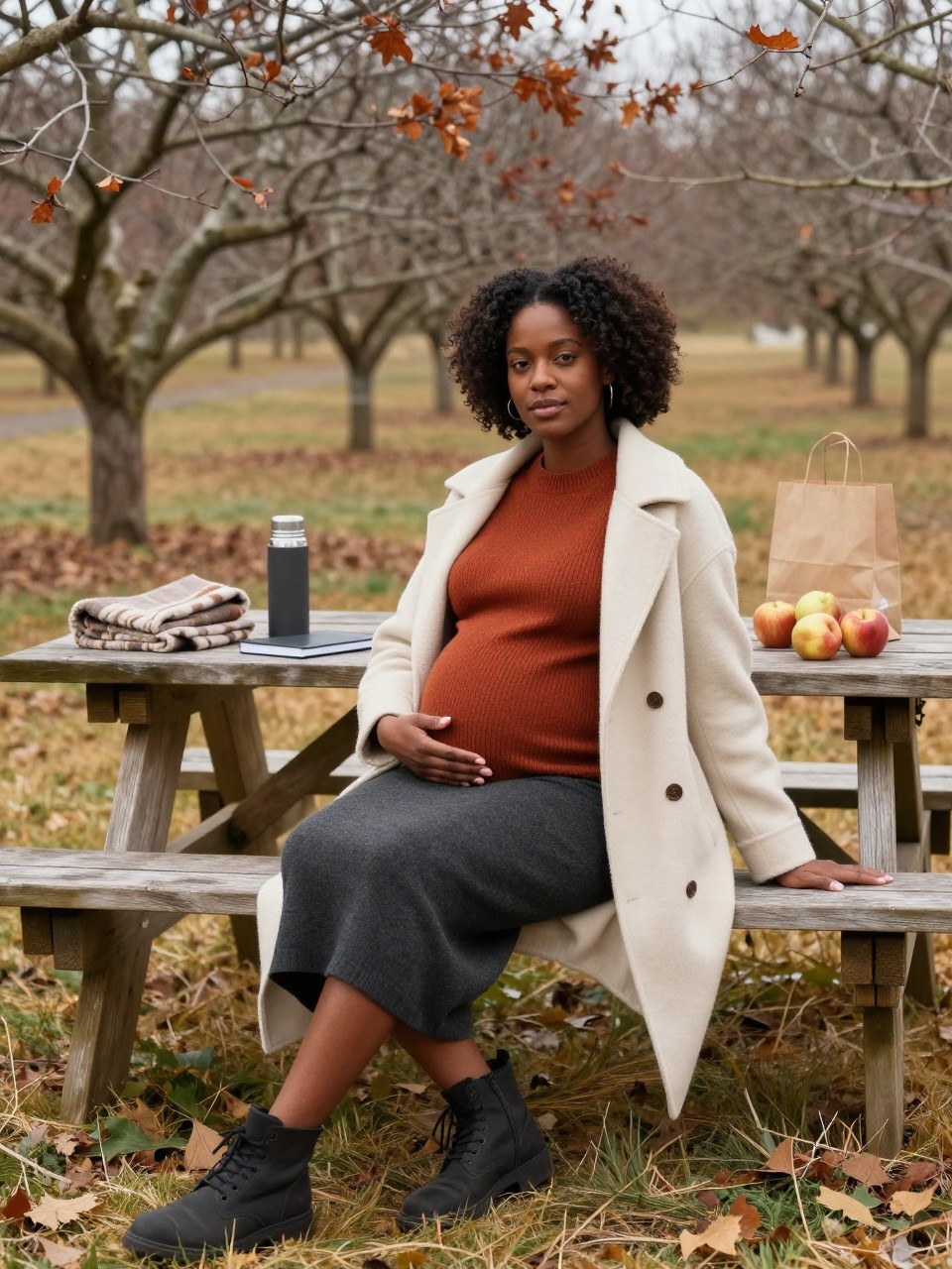 Image Prompt: A realistic DSLR maternity portrait of a pregnant Black woman sitting comfortably at the end of a sturdy wooden picnic bench inside a late-fall orchard. She has medium-deep brown skin and wears a fitted rust maternity sweater, a long charcoal skirt, dark supportive boots, and a cream wool coat draped loosely around her shoulders. Her natural hair is styled in a high textured puff. One hand rests on the table beside her for balance while the other lies gently below her belly. A thermos, folded scarf, closed journal, and paper bag of apples sit several feet away on the table. Bare branches, copper leaves, and faded gold grass surround the orchard. Soft afternoon light, accurate skin tone, realistic wood and knit textures, relaxed posture, understated maternity editorial.