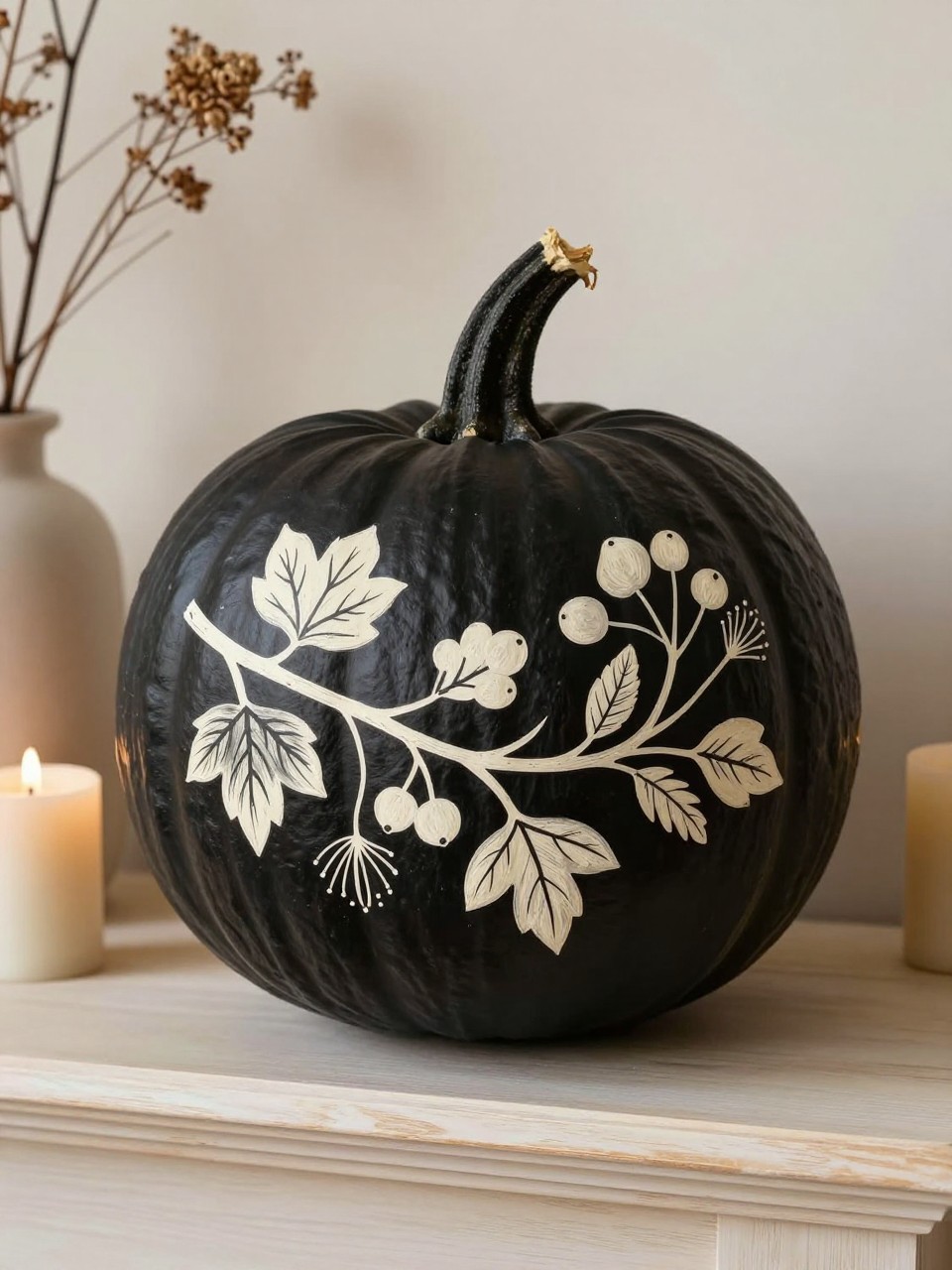 Horizontal 16:9 realistic iPhone photo of a deep matte-black real pumpkin painted with one elegant warm-white botanical silhouette across the front, including a curved branch, leaves, berries, and fine seed heads, natural dark stem, displayed on a pale wood mantel beside cream taper candles, a ceramic vase, and dried branches, soft afternoon daylight, authentic hand-painted linework, no glossy finish, no text.