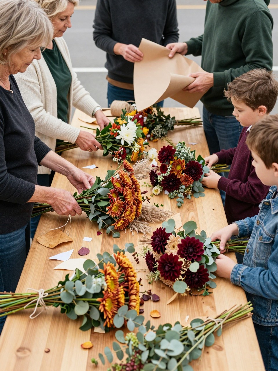 Image Prompt: A realistic outdoor market photograph of a white multigenerational family arranging seasonal flower bundles at a long wooden table. A grandmother trims large stems, one parent holds brown wrapping paper open, and two children add rust chrysanthemums, burgundy dahlias, eucalyptus, and dried grasses. Another adult ties twine around a completed bundle. Their outfits combine charcoal, cream, dark green, plum, and denim in different silhouettes. Paper scraps, leaves, and imperfect stems cover the table naturally. Soft afternoon light, realistic age variation and hands, believable floral textures, candid communication, rich but refined autumn color palette.