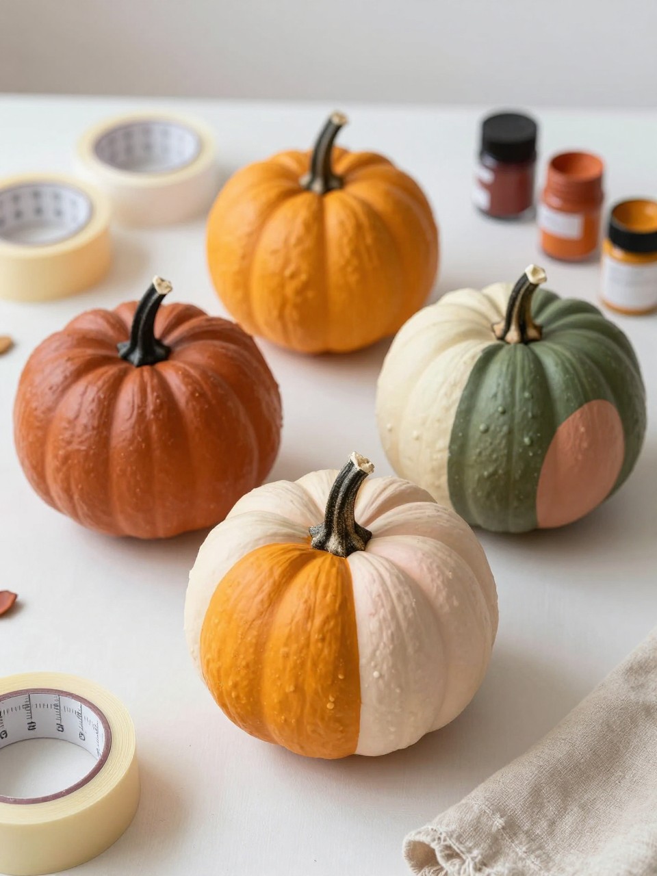 Image Prompt: A realistic DSLR photo of small pumpkins painted in modern color-block sections with terracotta, cream, olive green, mustard, and clay pink, sitting on a craft table with painter’s tape, paint jars, and a linen cloth, clean natural light, modern DIY fall decor style.
