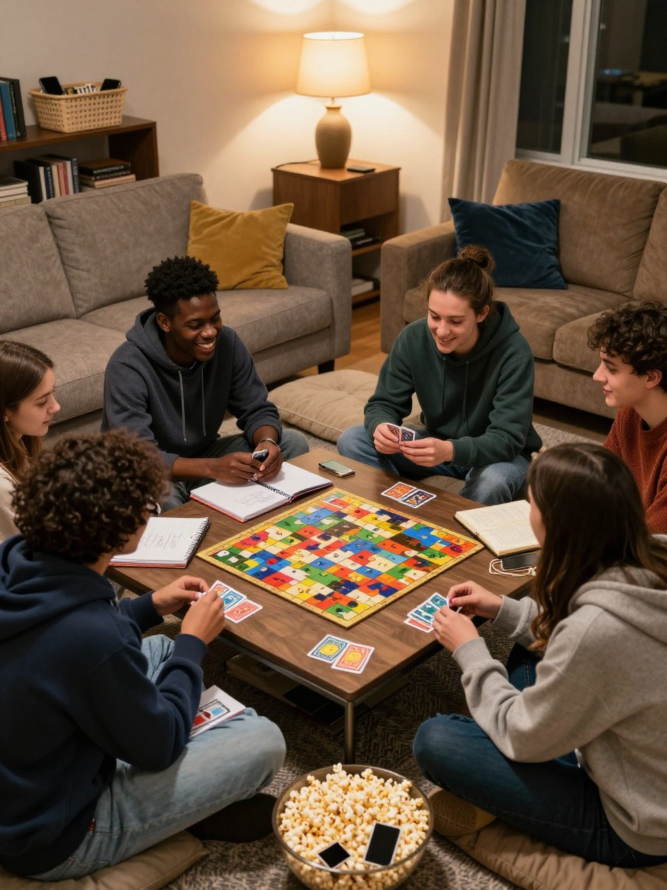 Image Prompt: A college residence common room during a relaxed screen-free fall evening, six students gathered around a low table with playing cards, a jigsaw puzzle, sketchbooks, board games and bowls of popcorn, all smartphones placed inside a closed basket on a shelf, one Black male student laughing during a card game, mismatched couches, floor cushions and warm table lamps, comfortable hoodies and sweaters, natural candid expressions, editorial DSLR lifestyle photography, no readable game titles, no text overlay.