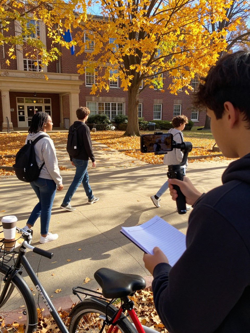 Image Prompt: A small student film crew recording autumn scenes across campus, one Black woman holding a smartphone on a compact stabilizer while another student walks through falling leaves near a library entrance, a third person records close-up shots of coffee, bicycles and notebook pages, casual layered clothing, backpacks and simple filming equipment, golden trees and long afternoon shadows, natural behind-the-scenes movement, editorial DSLR photography, no readable phone screen, no logos, no text overlay.