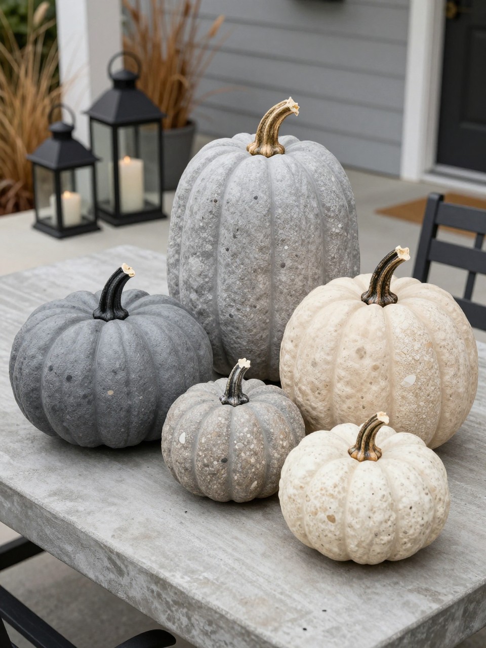 Image Prompt: A realistic DSLR photo of fake pumpkins painted to look like natural stone, with matte gray, beige, ivory, and charcoal textured finishes, arranged on a concrete patio table with black lanterns, dried grasses, and a modern neutral fall porch setup, soft cloudy outdoor light, realistic stone texture details.