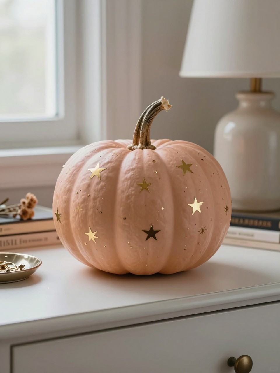 Horizontal 16:9 natural iPhone photograph of a matte blush real pumpkin decorated with scattered tiny antique-gold stars and simple starbursts in different sizes, natural twisted stem, displayed on a bedroom dresser beside a ceramic lamp, stacked books, dried flowers, and a jewelry dish, soft evening window light, delicate realistic metallic reflection, no glitter overload, no text.