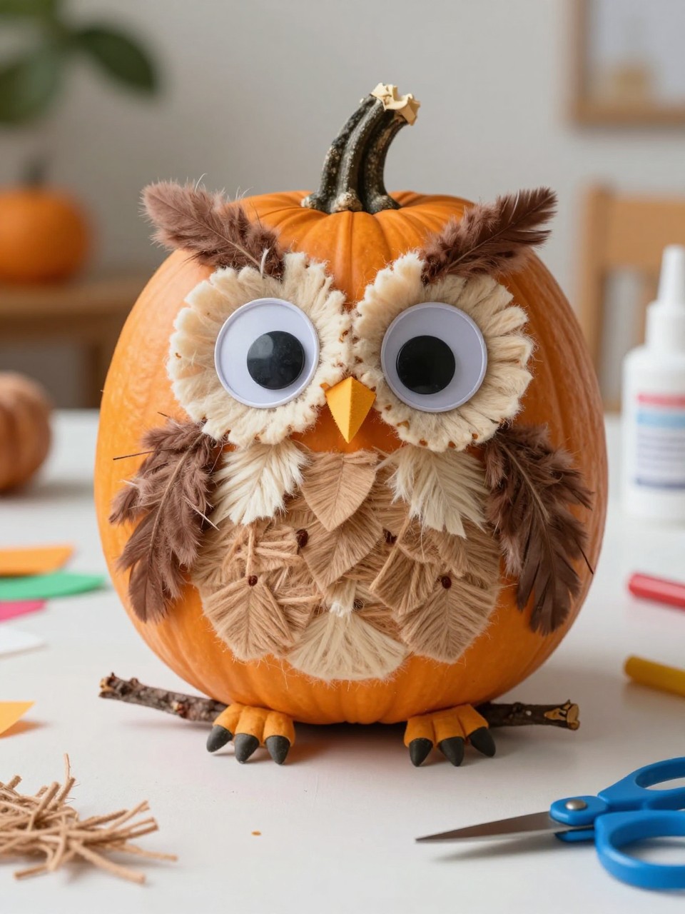 Image Prompt: A realistic DSLR photo of a small orange pumpkin decorated as a fluffy owl, covered with short pieces of brown, cream, and tan yarn to look like soft feathers, with big googly eyes, felt ears, tiny paper claws, and a small branch underneath, displayed on a kids craft table with yarn scraps, glue, and scissors, bright natural daylight, adorable no-carve pumpkin craft.