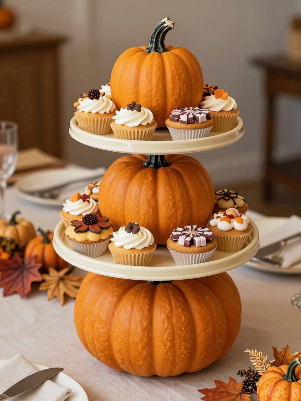 Image Prompt: A realistic DSLR photo of stacked fake pumpkins turned into a small fall dessert stand, with a flat round tray attached on top, decorated in cream and rust paint, holding mini cupcakes, cookies, and wrapped candies, styled on a party table with linen napkins, dried flowers, and warm indoor light, creative fall party display.