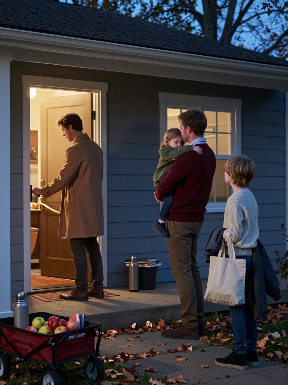 Image Prompt: A cinematic but realistic blue-hour photograph of a white family returning to a small cottage or suburban home after a fall outing. One parent unlocks the front door while the other holds a sleepy young child securely against their shoulder. An older child stands nearby carrying a canvas tote and folded coat. The family wears layered outfits in camel, dark red, olive, cream, and charcoal. A small wagon containing apples, books, and a thermos rests near the porch steps. Warm interior light spills through the open doorway onto scattered copper leaves, contrasting with the cool blue evening. Natural skin tones, realistic low-light exposure, visible wool textures, believable family movement, emotional documentary-style composition.