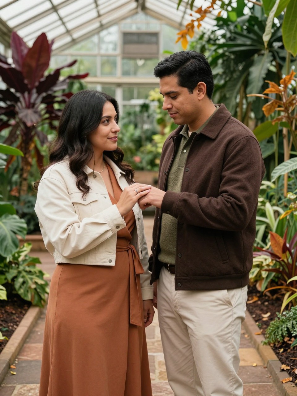 Image Prompt: A realistic DSLR portrait of a Latino couple standing inside a public greenhouse filled with deep green plants, burgundy foliage, warm stone paths, and amber leaves. The woman wears a cinnamon wrap dress beneath a cropped cream jacket, while the man wears a chocolate brown overshirt over an olive knit polo and cream trousers. They face each other closely while he gently warms her ring hand between both of his hands. The engagement ring appears naturally near the center of the frame without being held toward the camera. Filtered daylight passes through the glass roof, natural olive skin tones, realistic plant and stone textures, soft background blur, affectionate candid expressions, sophisticated fall engagement photography.