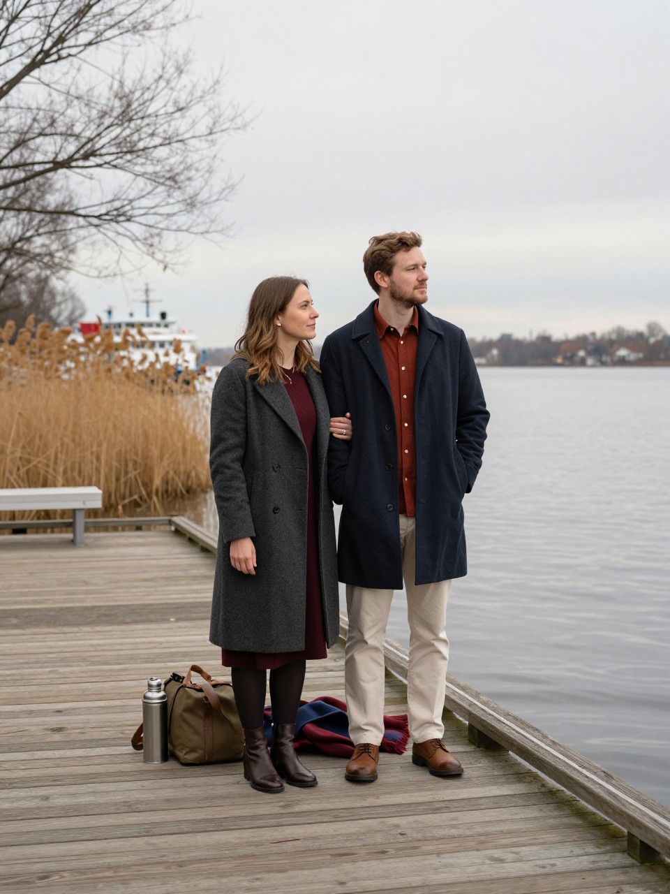 Image Prompt: A realistic wide-angle DSLR photograph of a white couple standing on a safe wooden ferry dock during late fall. The woman wears a long charcoal coat over a burgundy dress, dark tights, and leather boots. The man wears a rust overshirt beneath a navy coat, cream trousers, and brown shoes. One small weekend bag rests between them beside a thermos and folded scarf. They stand shoulder to shoulder looking across the water, with his hand resting at her back and her engagement ring subtly visible against his coat. Bare branches, faded gold reeds, and a distant ferry appear beneath a pale grey sky. Natural skin tones, realistic dock texture, clear distance from the water’s edge, cool atmospheric light, thoughtful travel engagement photography.