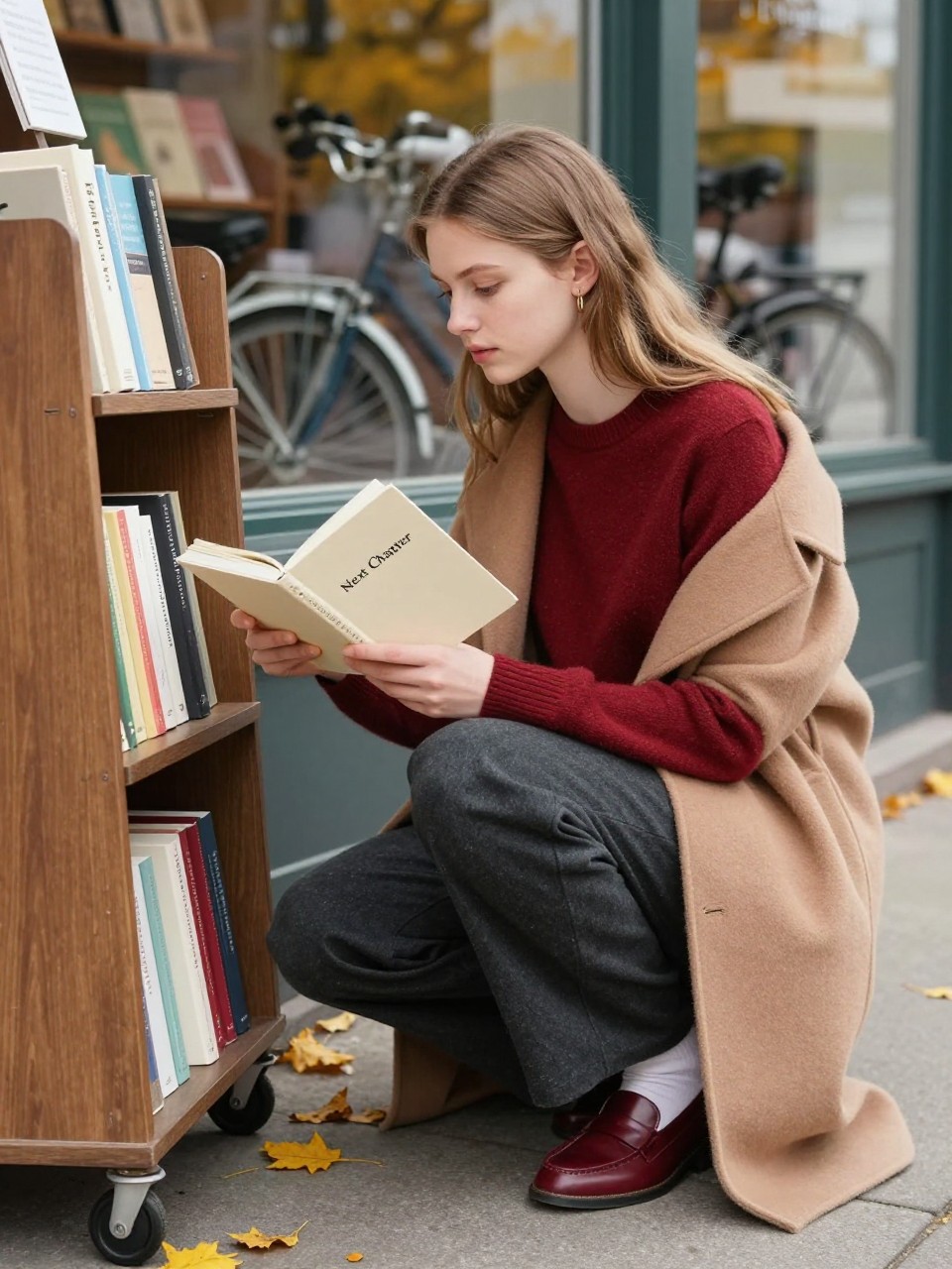 Image Prompt: A realistic DSLR photograph of a white teenage girl browsing an outdoor rolling book cart beside an independent bookstore. She wears a fitted dark red sweater, relaxed charcoal trousers, a camel wool coat draped over her shoulders, and oxblood loafers. She crouches slightly to examine a lower shelf while holding a blank cream journal titled “Next Chapter” in understated lettering. Fallen yellow leaves gather beneath the cart, and the store window reflects passing bicycles and autumn trees. Natural pale skin texture, visible wool fibers, realistic book proportions, soft cloudy daylight, intellectual but playful editorial mood.