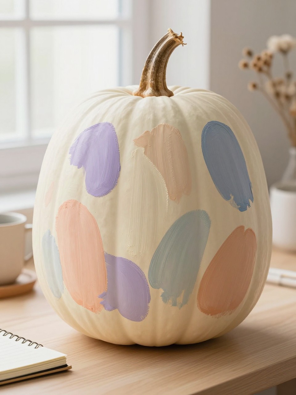 Horizontal 16:9 natural iPhone photo of a matte cream real pumpkin decorated with broad overlapping abstract brushstrokes in dusty lavender, pale peach, muted sage, soft blue, and warm beige, visible bristle marks and open cream spaces between colors, natural stem, displayed on a light wood desk beside a notebook, ceramic cup, and dried flowers, soft morning window light, believable handmade artwork, no perfect digital shapes, no text.