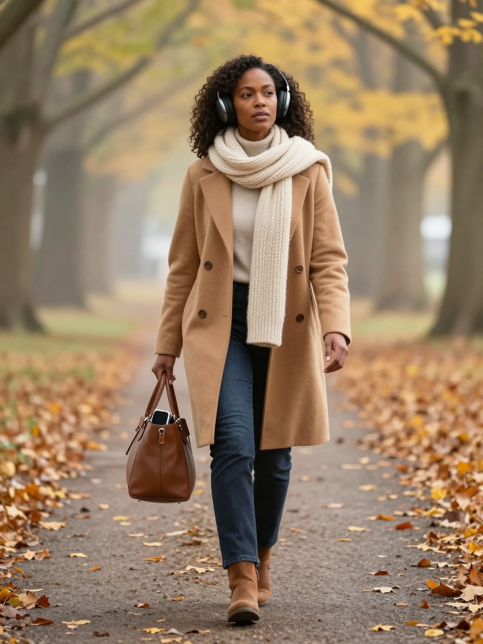 Image Prompt: A cinematic outdoor photograph of a Black woman with warm medium-brown skin taking a peaceful solo walk along a tree-lined fall path, wearing a camel coat, knitted cream scarf, dark straight-leg jeans, and comfortable brown boots, wireless headphones left inside an open handbag rather than worn, smartphone tucked away, copper and golden leaves scattered across the path, light morning mist, relaxed natural posture and thoughtful expression, soft sunlight filtering through the trees, realistic clothing and skin texture, editorial DSLR wellness photography, 70mm lens, no logos, no text.