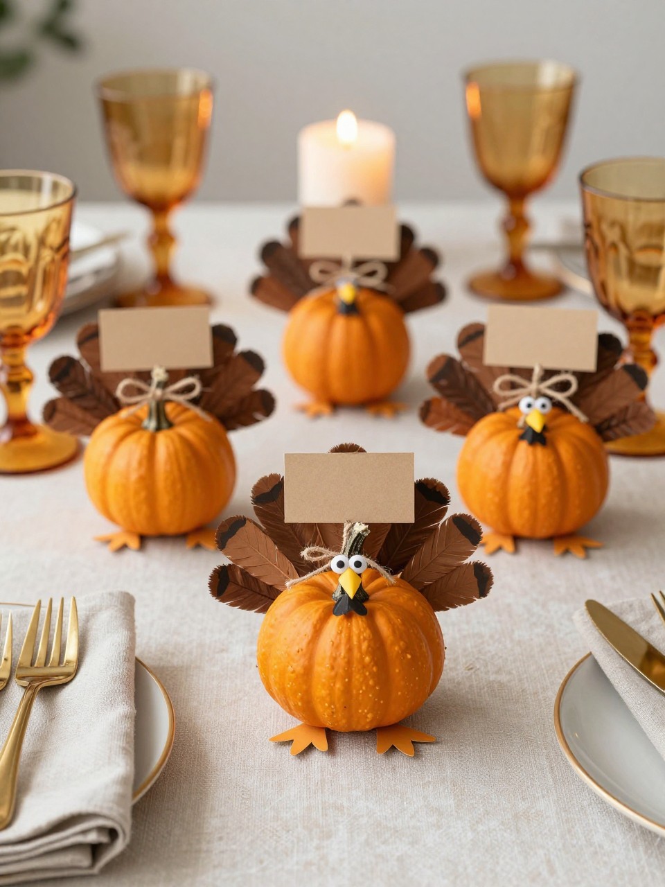 Image Prompt: A realistic DSLR photo of small mini pumpkins decorated as tiny turkeys, each with little paper tail feathers, a tiny name card tucked into the feathers, painted faces, twine bows, and small paper feet, arranged on a Thanksgiving place setting with linen napkins, gold flatware, amber glasses, and soft candlelight, charming holiday table decor.