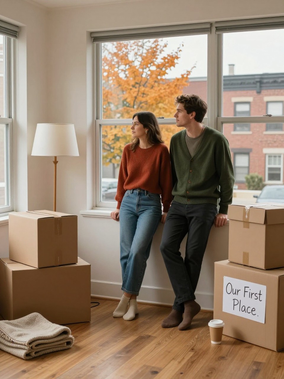 Image Prompt: A realistic lifestyle photograph of a white couple standing inside the mostly empty living room of a new apartment during fall. The woman wears relaxed blue jeans, a fitted rust sweater, cream socks, and small gold earrings. The man wears dark trousers, a forest green cardigan, and brown socks. They sit on the wooden floor between several neatly stacked moving boxes, one floor lamp, a folded wool blanket, and two takeaway cups. A box nearby has a handwritten label reading “Our First Place.” They lean against each other while looking toward the large window, where orange trees and brick buildings are visible outside. Soft late-afternoon light, realistic skin and fabric texture, believable cardboard boxes, quiet editorial engagement storytelling.