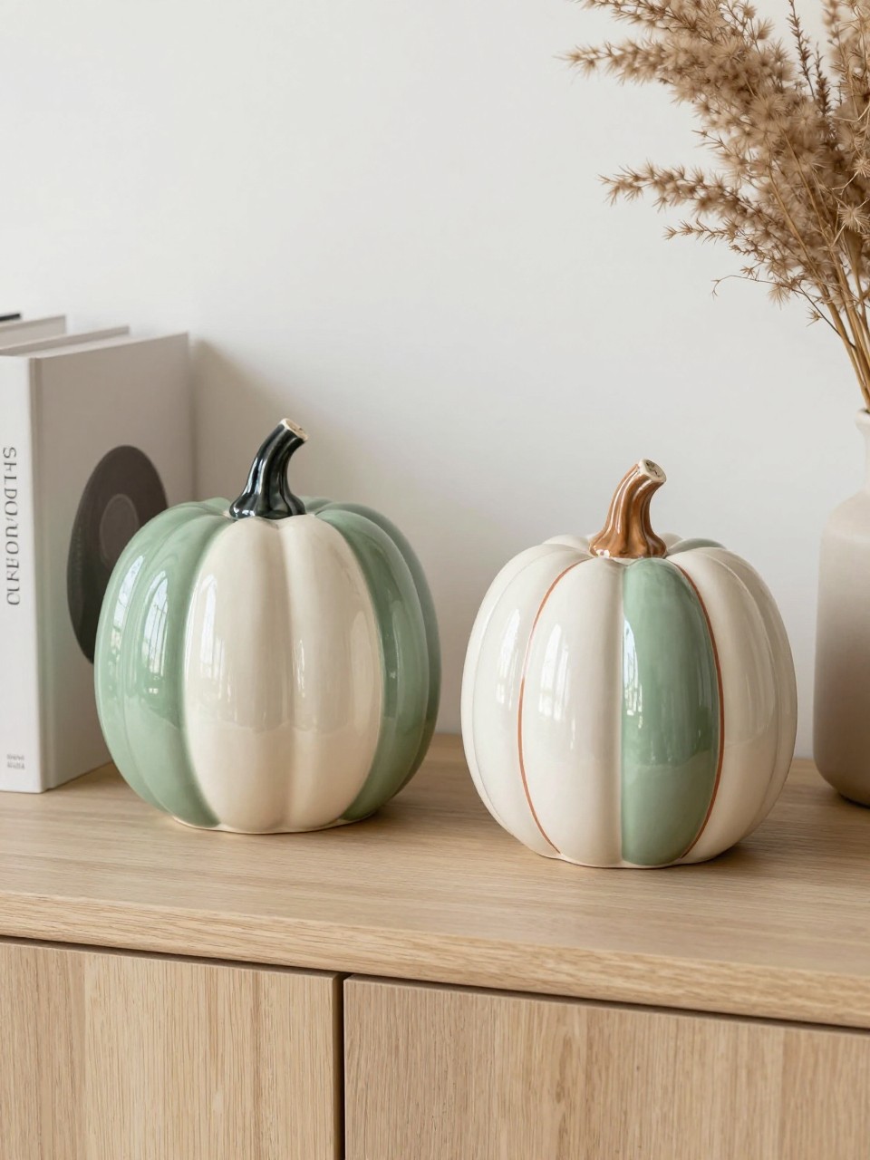 Horizontal 16:9 realistic iPhone camera photo of two finished ceramic pumpkins painted with opposite color-block designs, one mostly sage green with a wide cream section and the other mostly cream with a matching sage section, both accented with thin terracotta lines, natural-looking brown ceramic stems, displayed on a modern light wood console beside neutral books, pottery, and dried grasses, soft diffused daylight, clean handmade boundaries, no text.