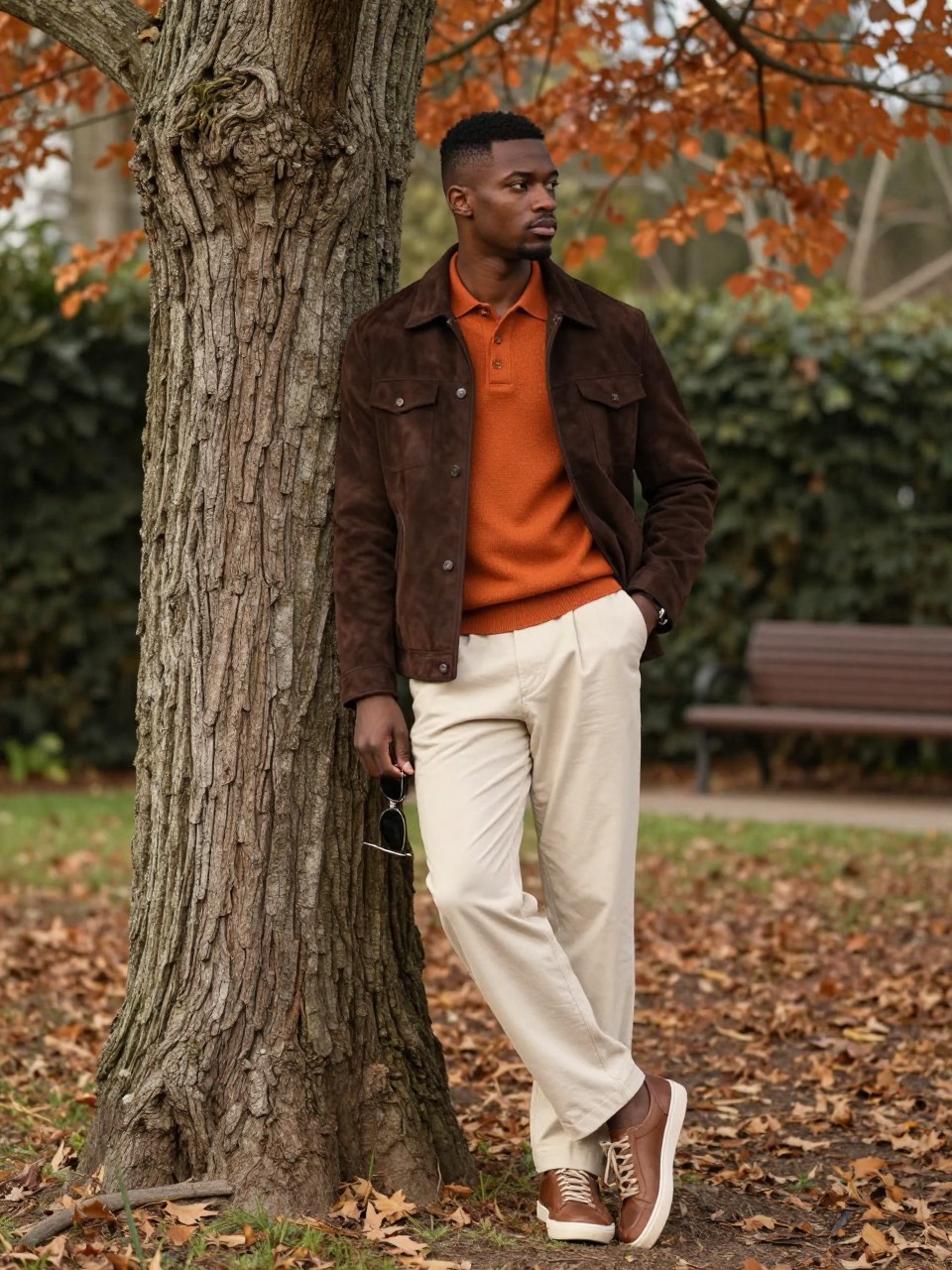 Image Prompt: A realistic medium-full fall portrait of a young Black man standing beside a wide textured tree trunk in a public garden. He wears a burnt orange knit polo, a dark brown suede jacket, relaxed cream trousers, and leather trainers. His skin is a natural deep brown tone, and his hair is cut in a neat low fade. One shoulder rests lightly against the tree while his hips remain several inches away, creating a gentle curve through his body. His near hand slips into his trouser pocket while the other holds a pair of sunglasses at his side. He looks across the garden with a composed expression. Warm late-afternoon light, detailed bark texture, copper leaves, realistic clothing folds, polished menswear editorial photography.