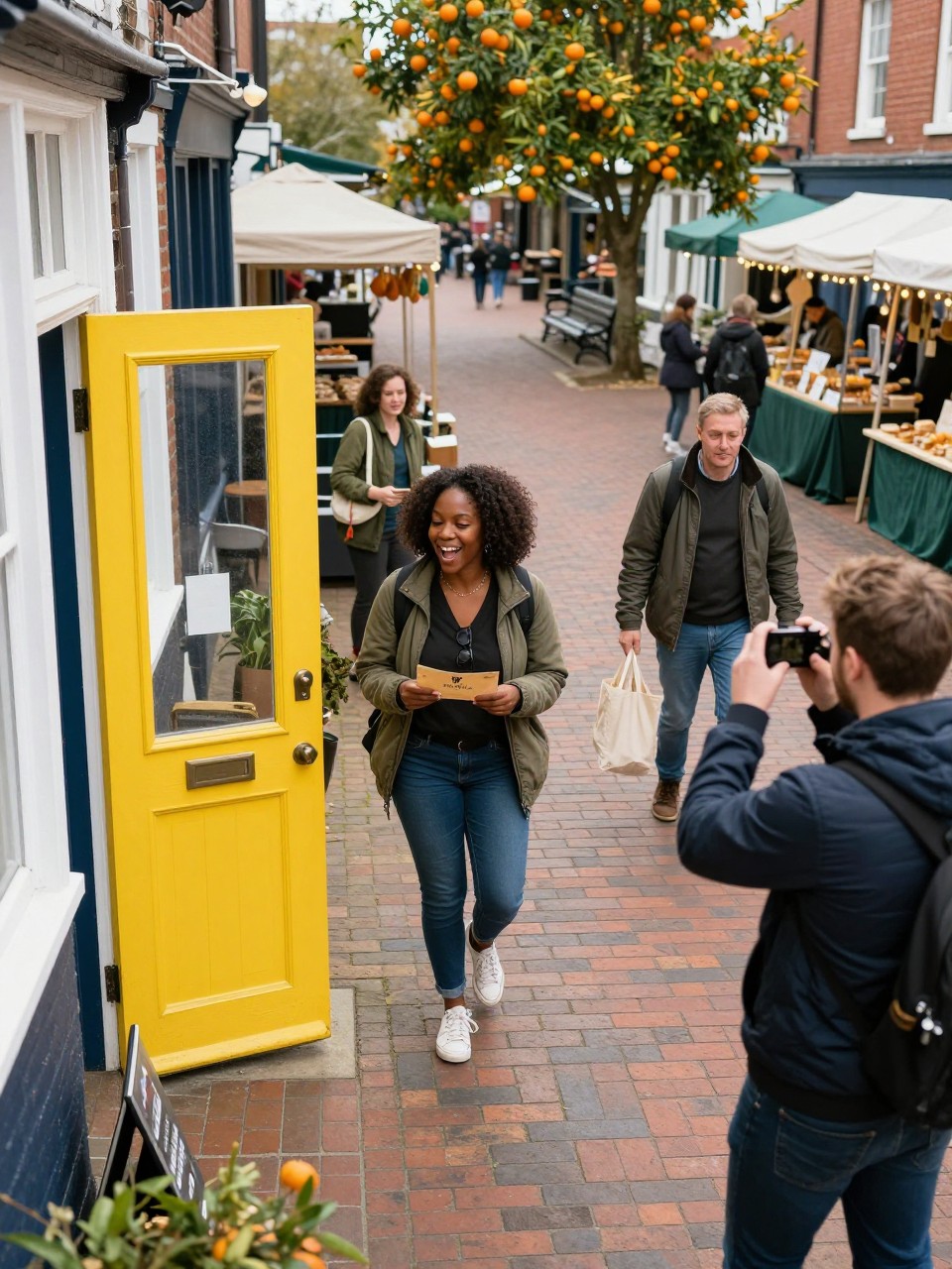 Image Prompt: Two small teams of adult friends completing an autumn treasure challenge through a walkable town center, one Black woman holding a clue envelope while another friend photographs an unusual yellow doorway, the second team visible near a bakery window carrying a canvas bag, brick streets, market stalls, orange trees and public benches in the background, layered casual jackets, energetic candid movement, crisp late-morning light, editorial travel DSLR photography, 35mm lens, no readable clues, no text overlay.