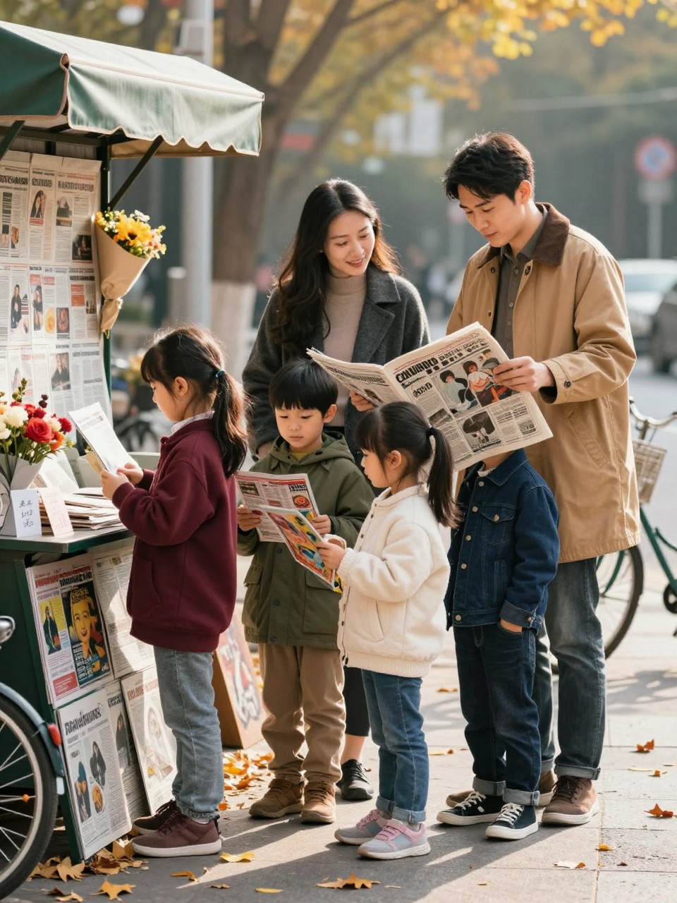 Image Prompt: A realistic street-style family photograph of an East Asian family of five gathered around a small outdoor newspaper and magazine stand on a crisp fall morning. The parents wear a charcoal coat and a camel barn jacket, while their three children wear individual outfits in burgundy, olive, cream, navy, and dark denim. One child looks through postcards, another holds a comic-style magazine, and the oldest shares an open weekend newspaper with a parent. Colorful covers, small flower bundles, handwritten signs, bicycles, and fallen leaves fill the setting. Soft morning sunlight, realistic skin texture, natural height differences, gentle movement, sophisticated but playful city editorial.