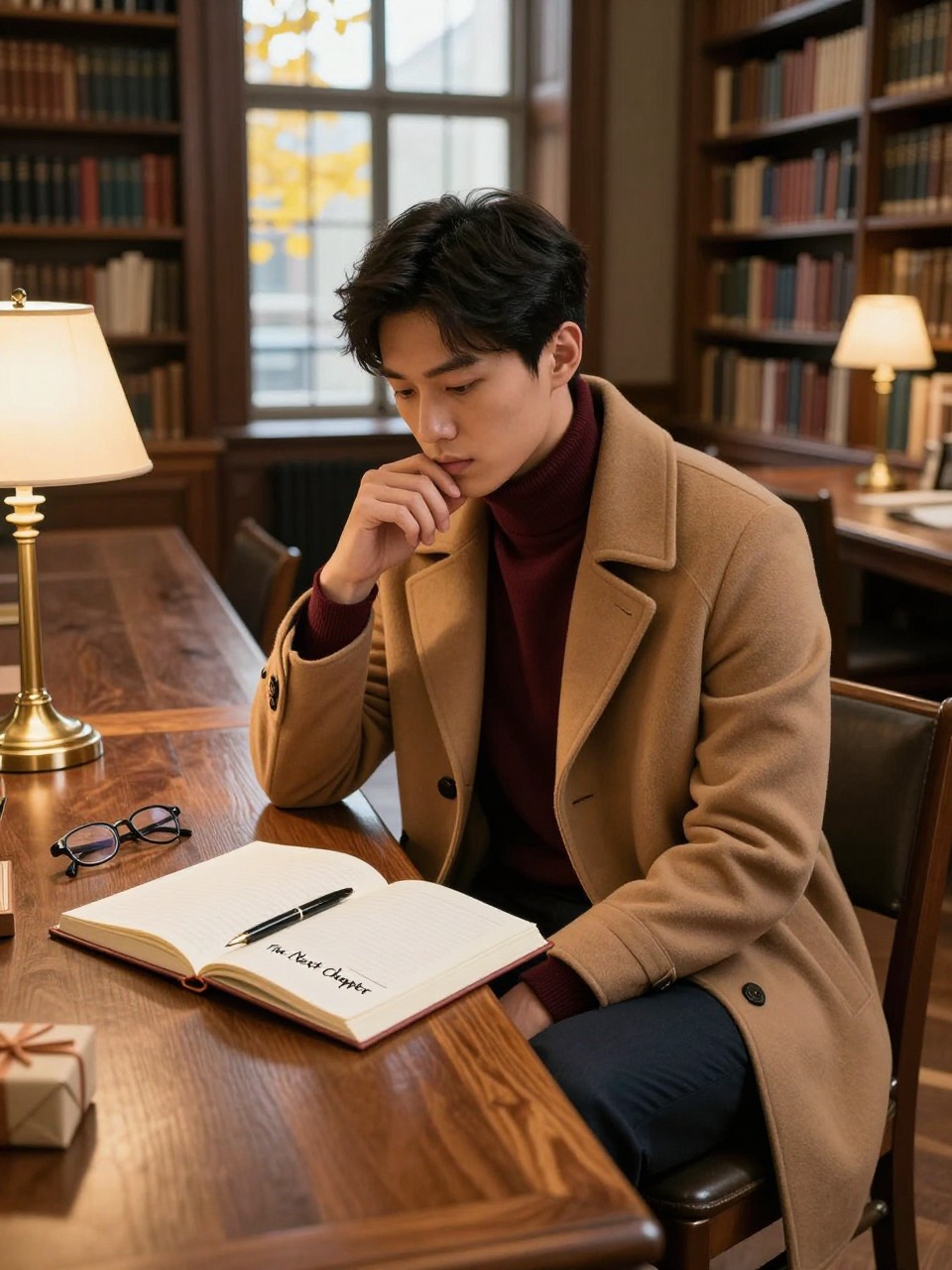 Image Prompt: A realistic DSLR portrait of a young East Asian man seated at a long wooden library table inside a historic reading room. He wears a camel wool coat over a burgundy turtleneck, dark tailored trousers, and polished loafers. An open blank journal lies in front of him with a handwritten heading that reads “The Next Chapter,” beside a fountain pen, reading glasses, and one small wrapped gift. Tall bookshelves, brass lamps, and high windows revealing yellow leaves create the background. He rests one hand against his chin while looking toward the journal. Natural skin texture, warm lamp light balanced with cool window light, realistic book details, thoughtful editorial composition.