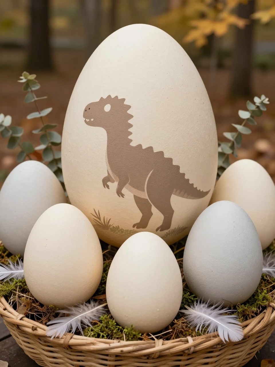 Image Prompt: A realistic DSLR photo of tall foam pumpkins painted like elegant dinosaur eggs, with cream, sage, taupe, and pale gray bases, soft brown speckles, matte finish, arranged in a woven basket with moss, feathers, and dried eucalyptus, warm natural fall light, classy prehistoric egg display.