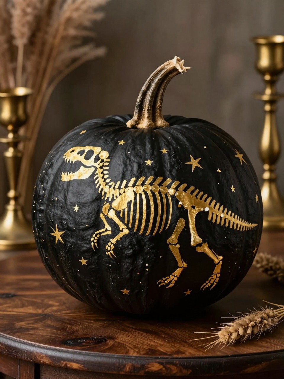 Image Prompt: A realistic DSLR photo of a matte black pumpkin decorated with a delicate gold dinosaur fossil skeleton design painted across the front, thin clean bone lines, small gold stars, a dark wood table, brass candle holders, dried grasses, and warm moody fall lighting, elegant museum-inspired Halloween pumpkin decor, sharp realistic handmade details.