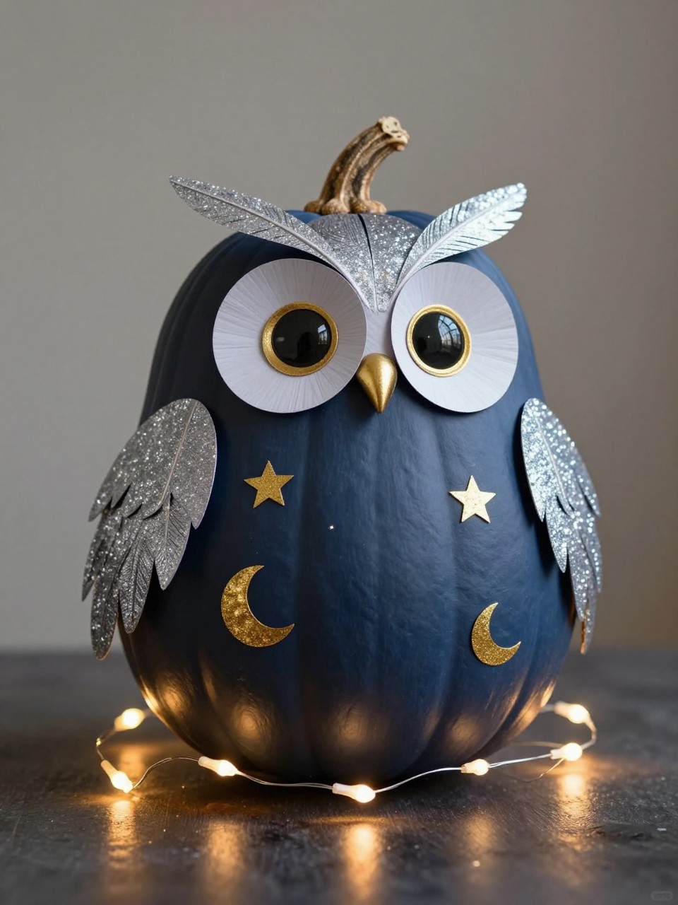 Image Prompt: A realistic DSLR photo of a matte navy pumpkin decorated as a glitter night owl, with silver paper feathers, gold moon and star stickers, big metallic eyes, small beak, sparkly wings, and fairy lights around the base, displayed on a dark table with soft glowing lights, magical cute Halloween fall craft style.