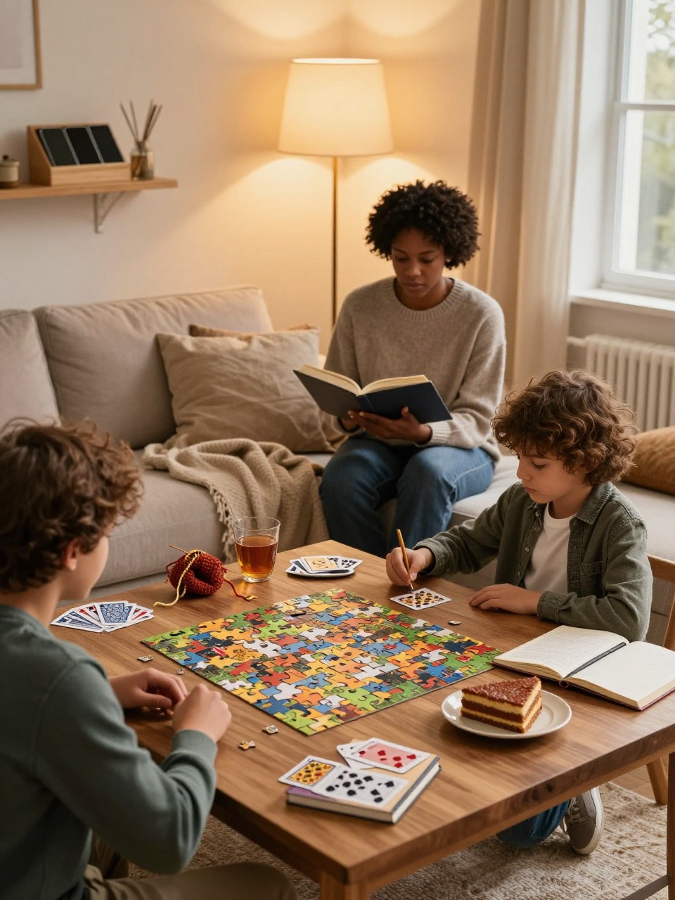 Image Prompt: A calm living room during a screen-free autumn evening, two adults and an older child seated around a low wooden table with a jigsaw puzzle, sketchbook, playing cards, knitting project, tea, and sliced cake, smartphones placed face down inside a closed wooden box on a shelf, one Black woman with short natural hair reading beside a floor lamp, soft blankets and golden window light, relaxed candid posture, editorial DSLR lifestyle photography, no readable book titles, no text overlay.