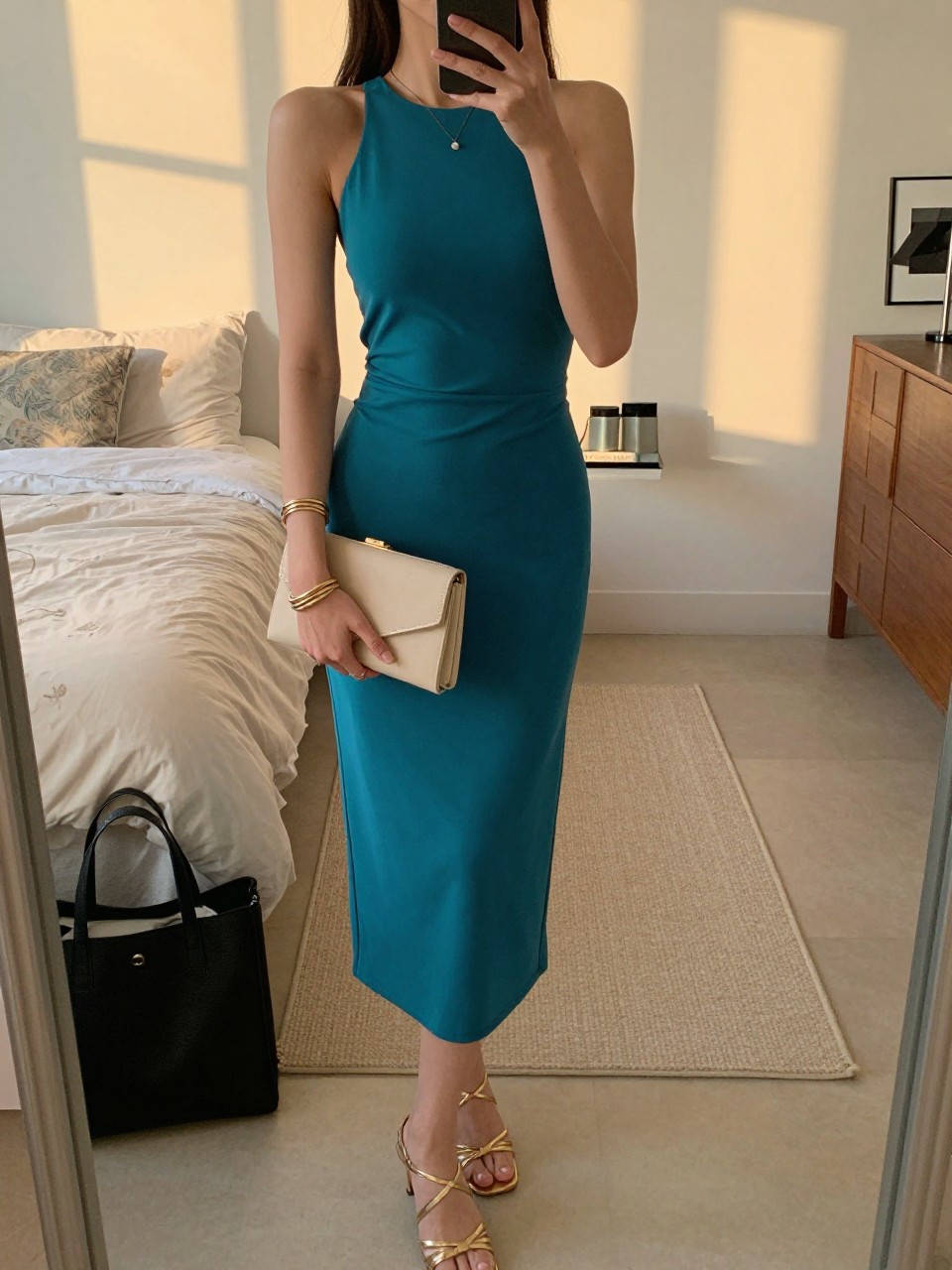 Image prompt
mirror selfie of a woman wearing a teal halter dress with gold strappy heels, an ivory clutch, and gold bangles, holding a phone in front of a mirror, cropped at NECK so face doesn't show, with a natural casual selfie pose, in a feminine-themed bedroom, evening golden hour, including small lived-in details like soft bedding and a tote bag on the floor, latest iPhone photo quality.