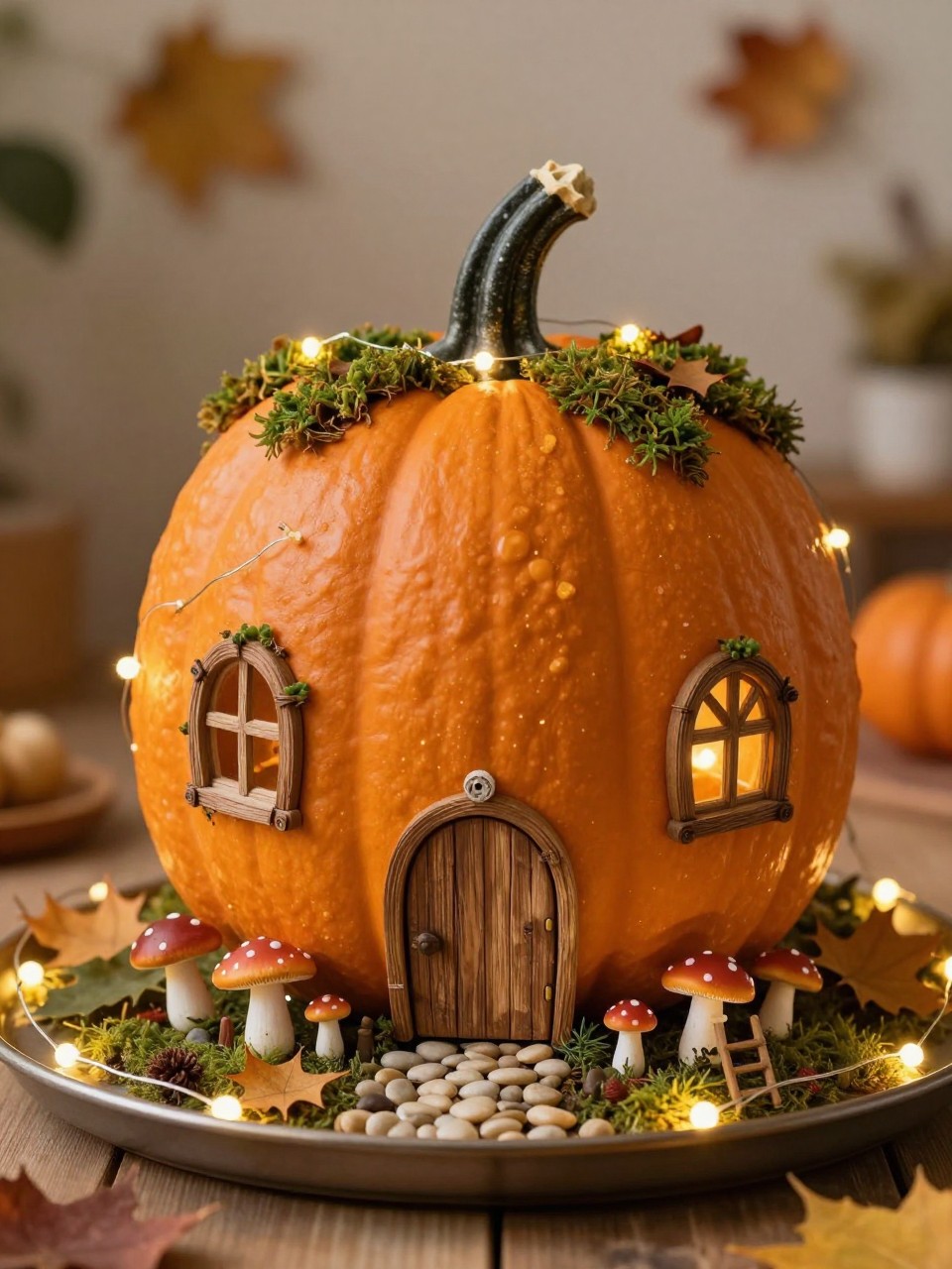 Image Prompt: A realistic DSLR photo of a medium orange fake pumpkin decorated as a tiny fairy house, with a small arched door, round windows, moss roof details, mini mushrooms, twinkle lights, pebbled path, tiny ladder, and woodland leaves, displayed on a tray with soft warm fairy lights and cozy fall background, whimsical handmade decor photography.