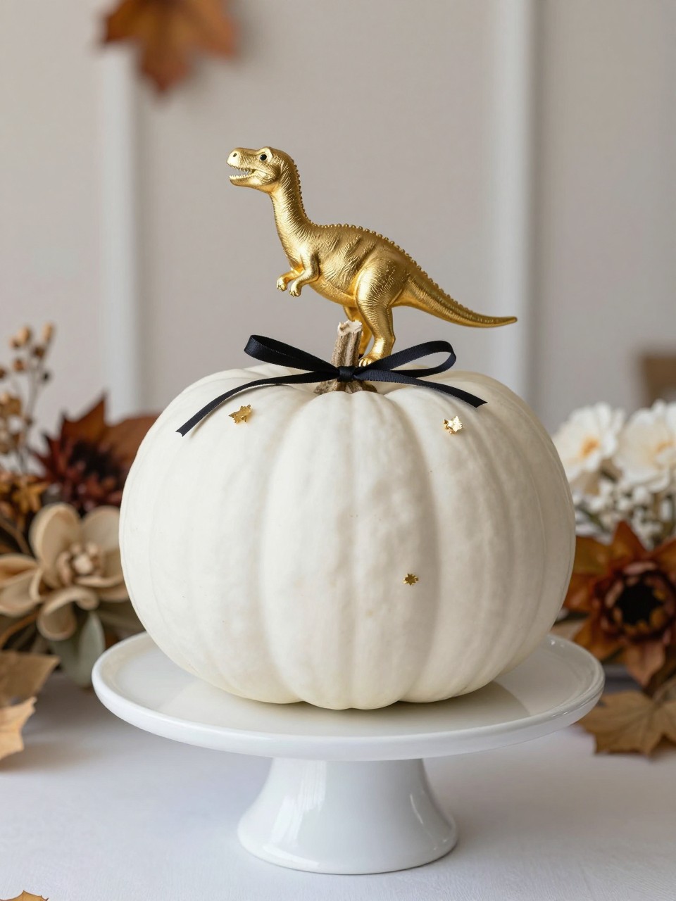 Image Prompt: A realistic DSLR photo of a smooth white pumpkin topped with a small gold-painted dinosaur figure near the stem, thin black ribbon, tiny gold leaf accents, white pedestal stand, dried florals, and a neutral fall party backdrop, elegant minimalist dinosaur pumpkin centerpiece, sharp editorial craft photography.