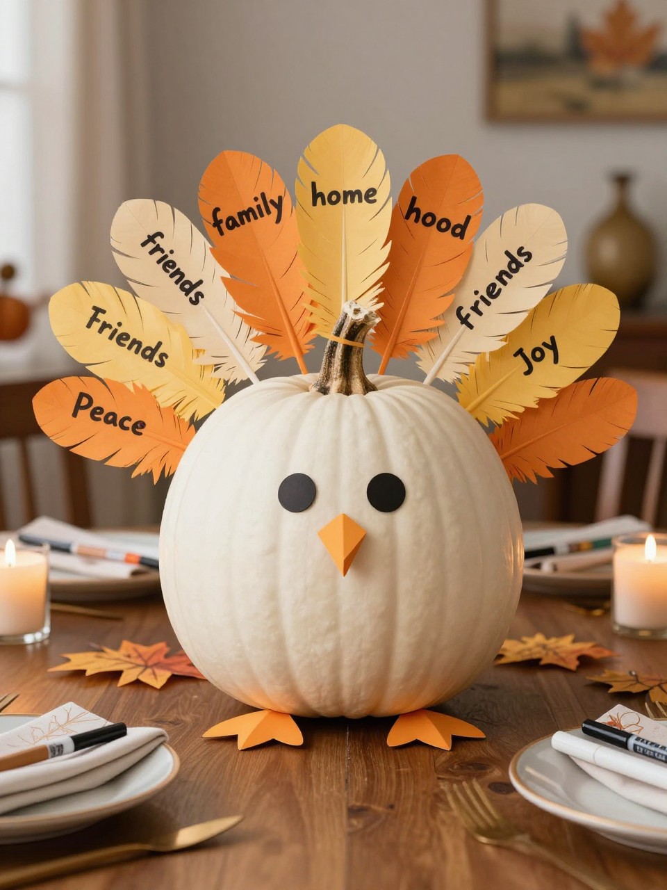 Image Prompt: A realistic DSLR photo of a medium white pumpkin decorated as a turkey with paper feathers, each feather handwritten with thankful words like family, home, food, friends, peace, and joy, simple turkey face, small paper feet, displayed on a Thanksgiving table with markers, napkins, candles, and warm cozy indoor light, meaningful family fall craft.