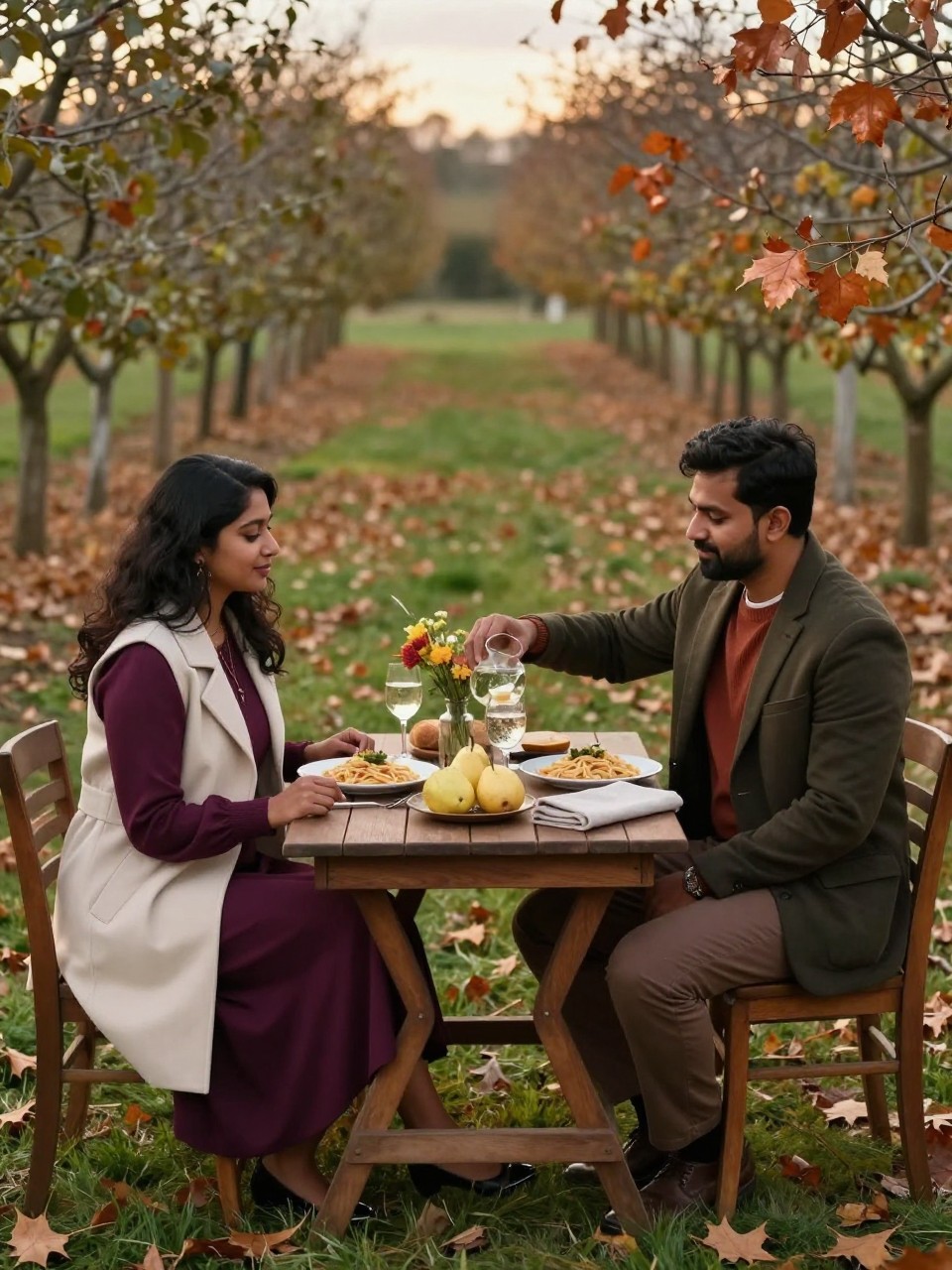 Image Prompt: A realistic golden-hour photograph of a South Asian couple seated at a narrow wooden table in a quiet orchard after most of the leaves have fallen. The woman wears a deep plum long-sleeve dress and cream coat, while the man wears a dark olive blazer, rust sweater, and brown trousers. The table holds two plates of simple pasta, pears, bread, folded linen, a small flower arrangement, and low battery-operated taper candles. They sit on adjacent sides rather than opposite each other, with one partner pouring sparkling non-alcoholic cider while the other rests a hand lightly on their arm. Faded orchard rows and copper leaves stretch behind them, natural brown skin tones, realistic food details, soft warm light, intimate but achievable engagement styling.