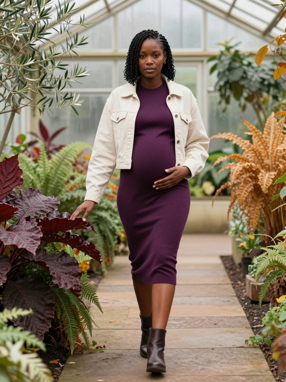 Image Prompt: A realistic full-body DSLR portrait of a pregnant Black woman walking slowly through a public greenhouse during fall. She has deep brown skin and wears a fitted plum ribbed maternity dress beneath a cropped cream jacket, with low dark brown ankle boots. Her natural hair is styled in a smooth shoulder-length twist-out. One hand rests beneath her belly while the other gently brushes the edge of a large burgundy leaf. Ferns, olive foliage, amber plants, warm stone paths, and condensation on the glass create the background. Filtered daylight through the roof, accurate deep skin tone, realistic plant textures, comfortable stride, visible knit detail, sophisticated maternity editorial photography.