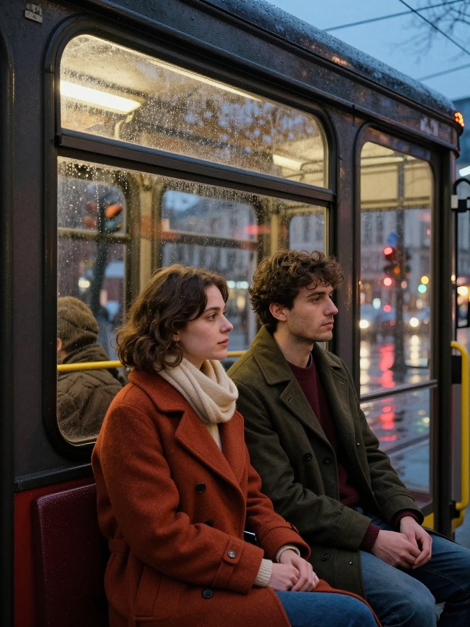 Image Prompt: A cinematic but realistic evening photograph taken from outside a stationary city tram or heritage streetcar. A young Mediterranean couple sits together beside a large rain-speckled window. The woman wears a rust wool coat and cream scarf, while the man wears a dark olive coat over a burgundy sweater. She rests her head lightly against his shoulder as they look through the glass toward the street. Reflections of amber trees, traffic lights, and wet pavement layer over their faces without hiding them completely. Warm interior lighting contrasts with the cool blue evening outside. Natural tan skin tones, realistic glass reflections, visible rain droplets, believable public-transport details, intimate documentary-style photography.