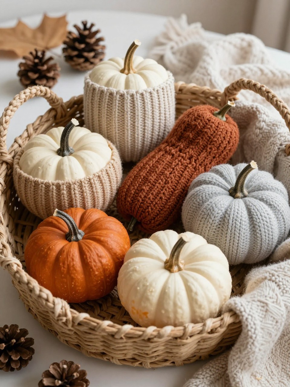 Image Prompt: A realistic DSLR photo of small pumpkins wrapped in cozy knit sweater sleeves in cream, oatmeal, rust, and soft gray, with natural stems showing at the top, styled in a woven basket with pinecones, dried leaves, and a chunky blanket nearby, warm cozy fall home photography.