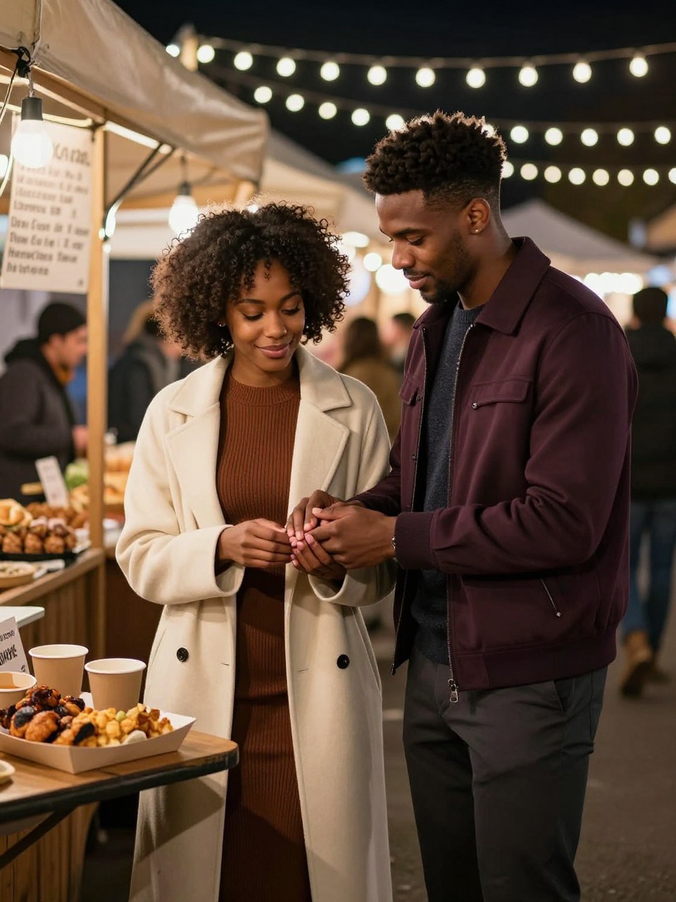 Image Prompt: A realistic nighttime DSLR photograph of a young Black couple standing at an outdoor fall food market beneath warm string lights. The woman has deep brown skin and wears a fitted cocoa knit dress beneath a long cream coat, with her natural hair in a high textured puff. The man has medium-deep brown skin and wears a dark plum jacket over a charcoal sweater and tailored trousers. He gently warms her hands between his own while a paper tray of roasted food and two closed cups sit on a nearby standing table. Wooden stalls, handwritten menus, and moving visitors remain softly blurred behind them. Accurate dark skin tones, realistic low-light exposure, natural hand placement, visible wool textures, warm romantic market atmosphere.