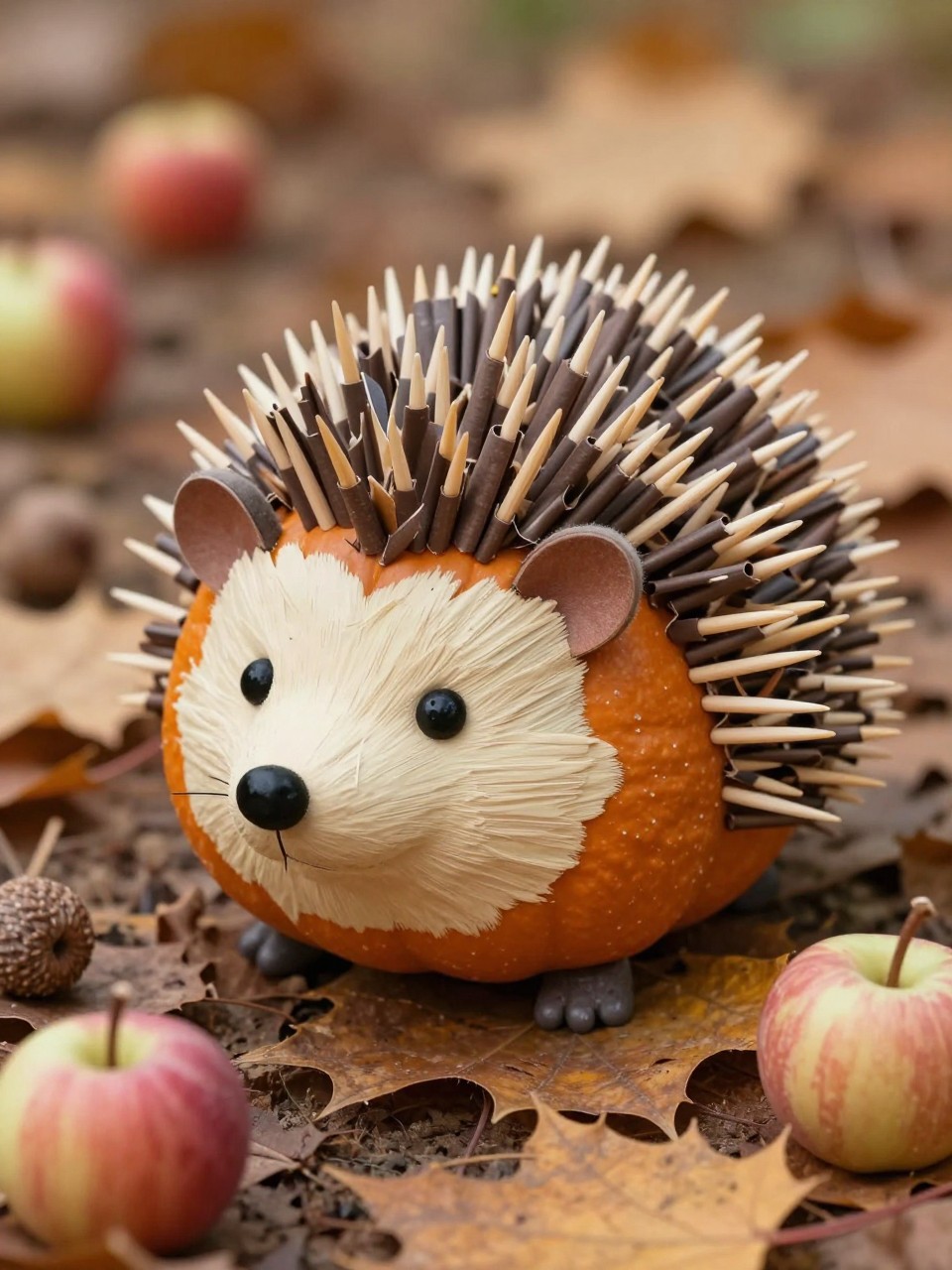 Image Prompt: A realistic close-up DSLR photo of a small brown pumpkin decorated as a hedgehog, with painted cream face, tiny black nose, small felt ears, short wooden toothpicks or rolled paper quills arranged safely along the back, displayed on a bed of dried leaves with mini apples and acorns, soft natural autumn light, charming woodland craft photography.