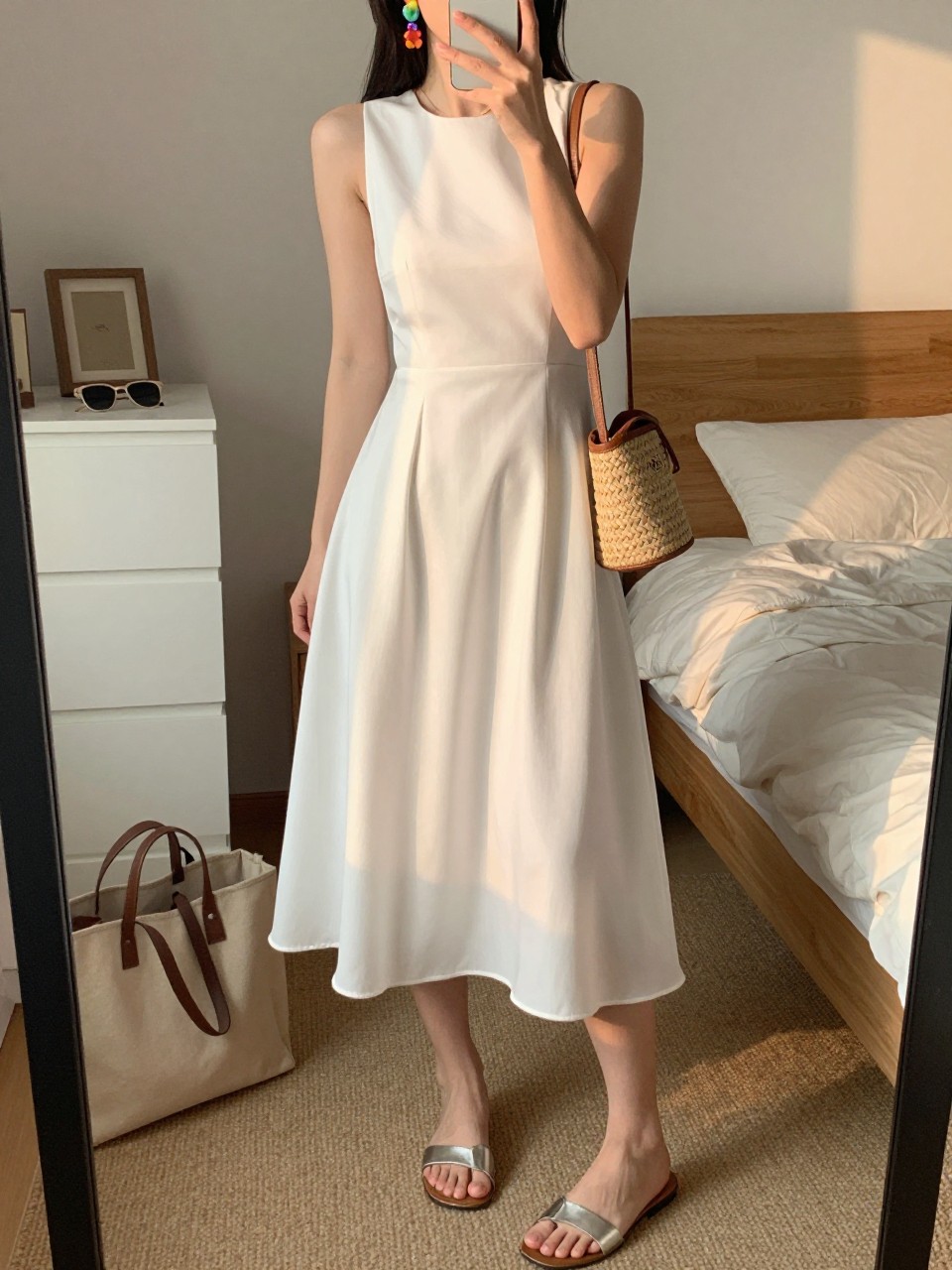 Image prompt
mirror selfie of a woman wearing a white cotton-silk blend midi dress with a flowy skirt, colorful statement earrings, metallic flat sandals, and a small woven mini bag, holding a phone in front of a mirror, cropped at NECK so face doesn't show, with a natural casual selfie pose, in a feminine-themed bedroom, evening golden hour, including small lived-in details like a tote bag on the floor, sunglasses on a dresser, or soft bedding in the background, latest iPhone photo quality.