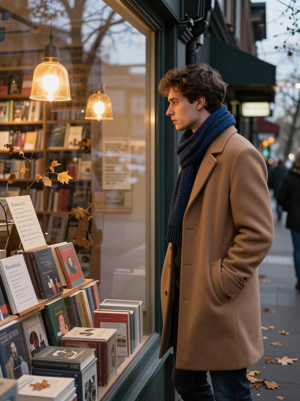 Image Prompt: A realistic fall editorial photograph of a young fair-skinned man standing outside an independent bookstore at dusk, looking through a large display window filled with books, amber lamps, handwritten recommendation cards, and small branches of dried leaves. He wears a camel wool coat, dark jeans, and a textured navy scarf. His reflection overlaps with the book display and the trees across the street. The camera is positioned at an angle so both his profile and the layered window reflection remain visible. Natural dusk light, warm interior lighting, realistic glass, subtle street activity, crisp coat texture, thoughtful cinematic mood.