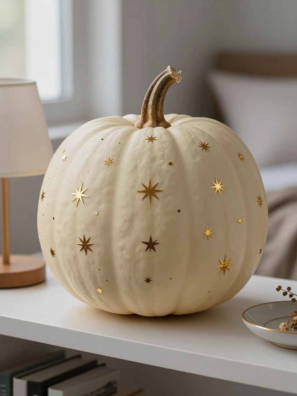 Horizontal 16:9 casual iPhone photograph of a matte cream real pumpkin decorated with scattered tiny antique-gold stars and simple starbursts in different sizes, natural brown stem, displayed on a bedroom shelf beside a small lamp, neutral books, dried flowers, and a ceramic dish, soft evening window light, delicate realistic metallic reflection, no excessive glitter, no text.