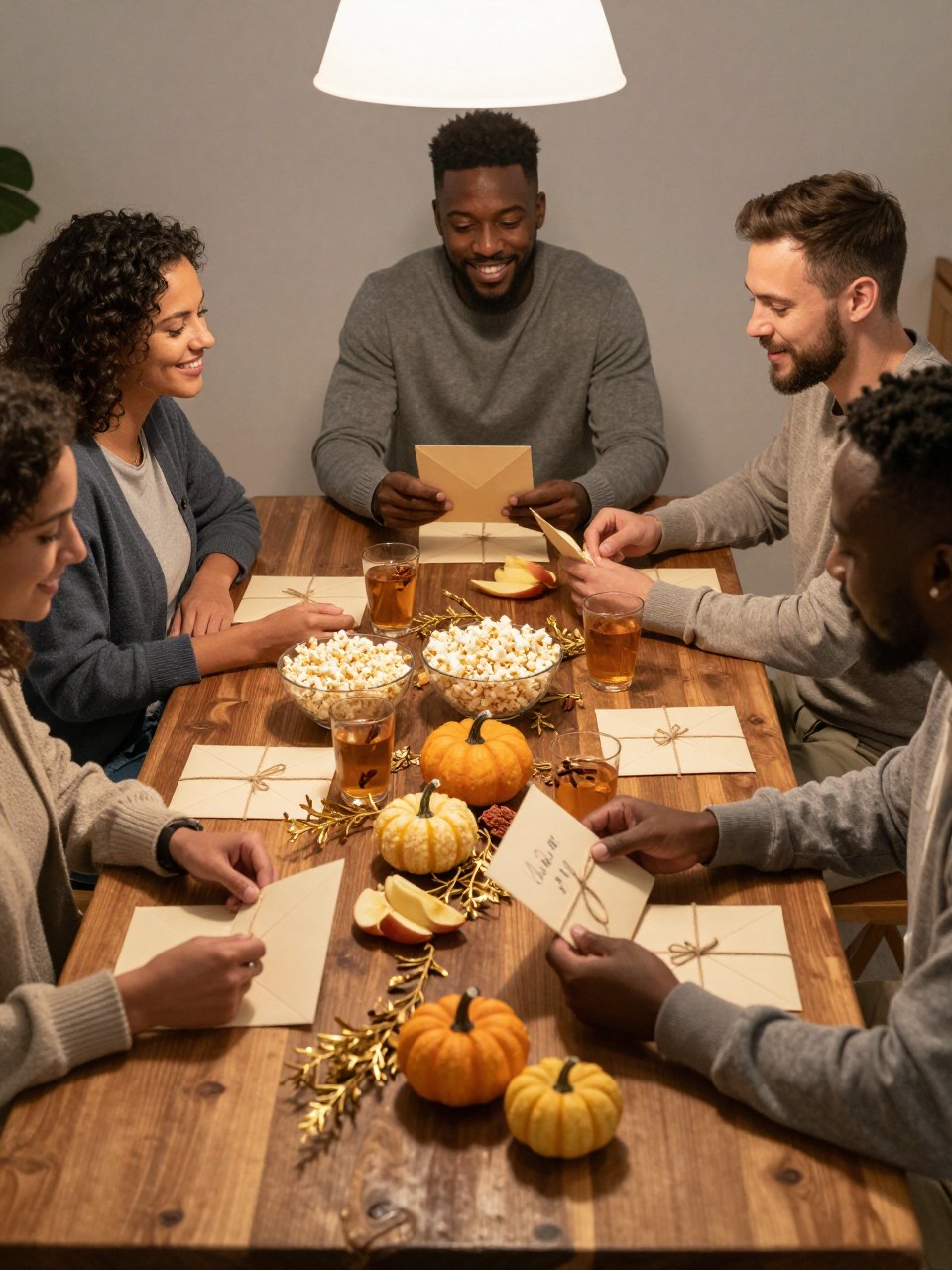 Image Prompt: Five adult friends gathered around a rustic dining table decorated lightly with small pumpkins and golden branches, sealed cream envelopes tied with thin twine placed in front of each person, one Black man opening a handwritten card while friends watch with warm smiles, bowls of popcorn, apple slices and spiced drinks nearby, relaxed cardigans and sweaters, soft evening lamp light, natural emotional expressions without exaggerated posing, intimate editorial DSLR photography, 50mm lens, no readable writing, no text overlay.